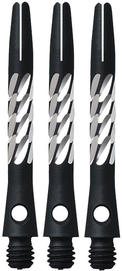 78992-Unicorn-Premier-Shaft-Black-Short Das Bild zeigt drei schwarze Aluminium-Schäfte für Dartpfeile der Marke Unicorn Premier. Sie haben ein silbernes, spiralförmiges Muster und jeweils ein rundes Loch am unteren Ende.