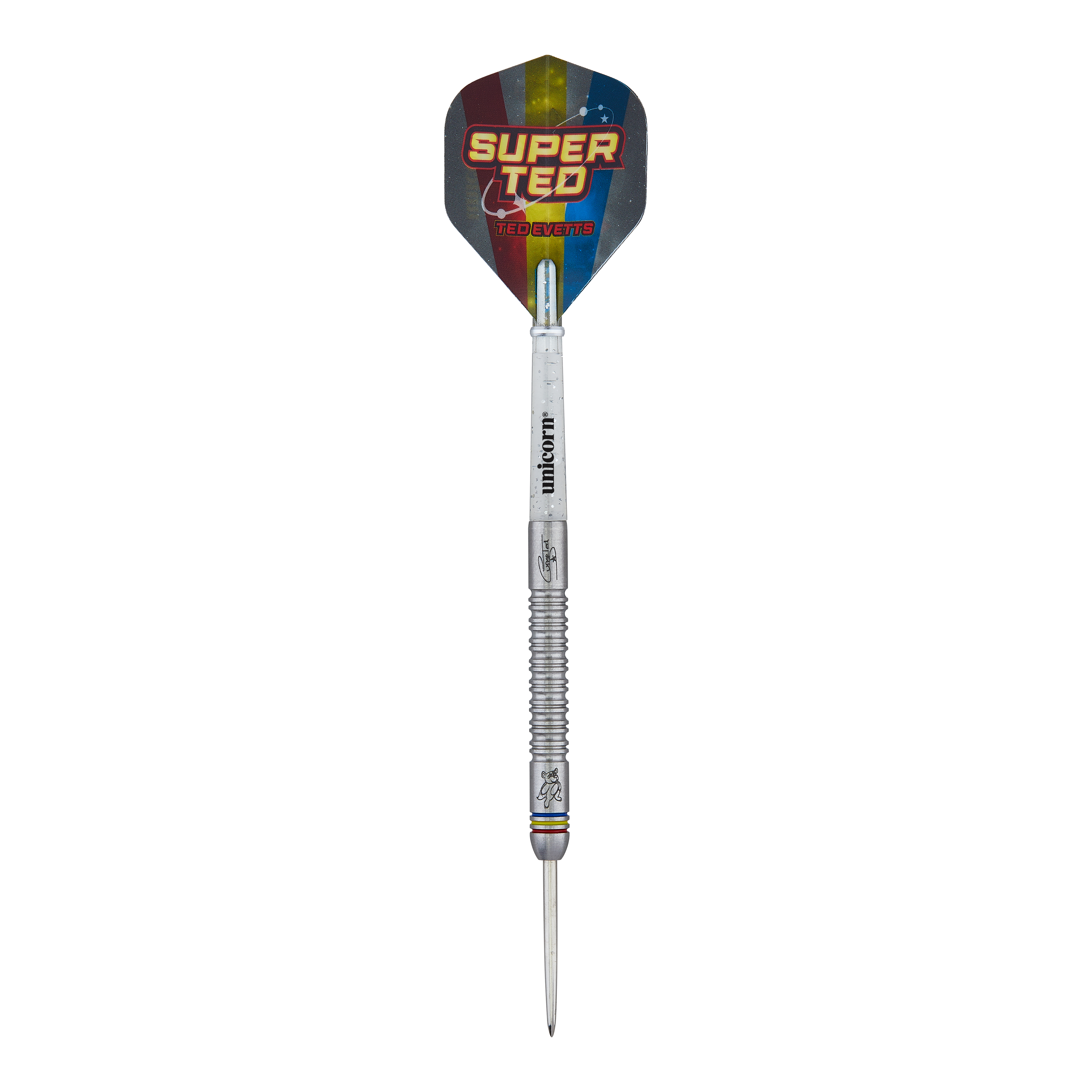 Das Bild zeigt einen Unicorn Contender Ted Evetts Phase 2 Steeldart mit einem Gewicht von 23 Gramm. Die Dart-Flight ist bunt gestaltet und trägt die Aufschrift "SUPER TED TED EVETTS".
