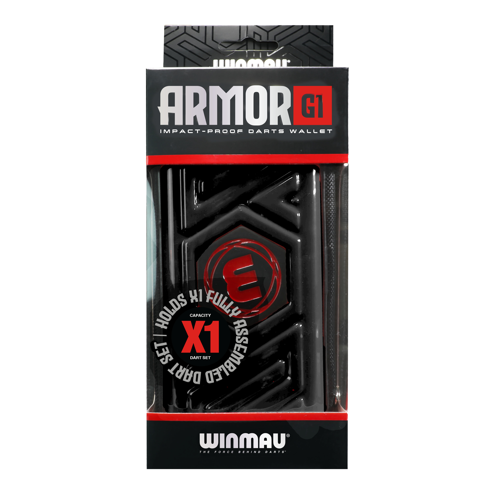 Portfel Winmau Armor G1 Dart Das Bild zeigt eine schwarze Darttasche von Winmau mit dem Namen "Armor G1". Die Verpackung betont, dass sie stoßfest ist und ein vollständig montiertes Dart-Set aufnehmen kann.