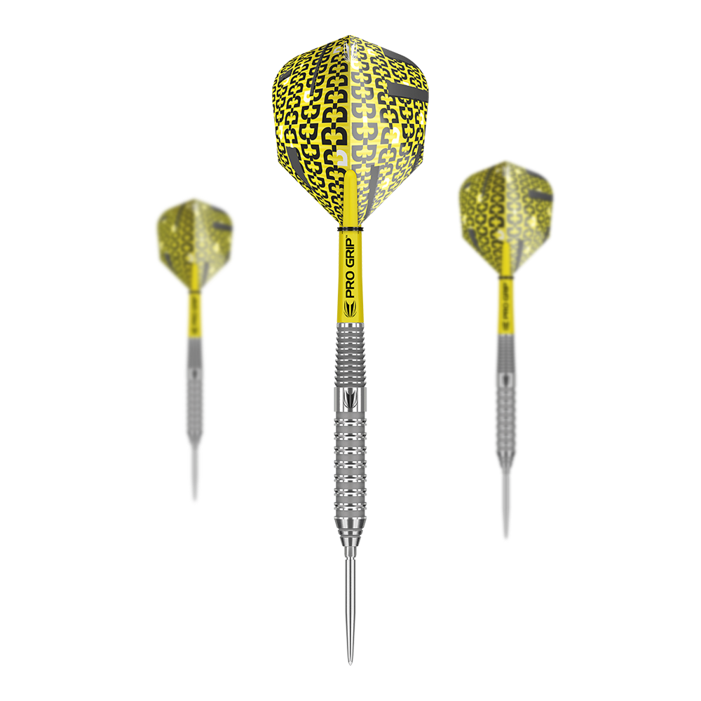 Stalowe lotki Target Bolide 02 Swiss Point Das Bild zeigt drei Target Bolide 02 Swiss Point Steeldarts mit silbernem Schaft und gelb-schwarzem Flight. Die Darts haben den Aufdruck "PRO GRIP" auf dem Schaft.