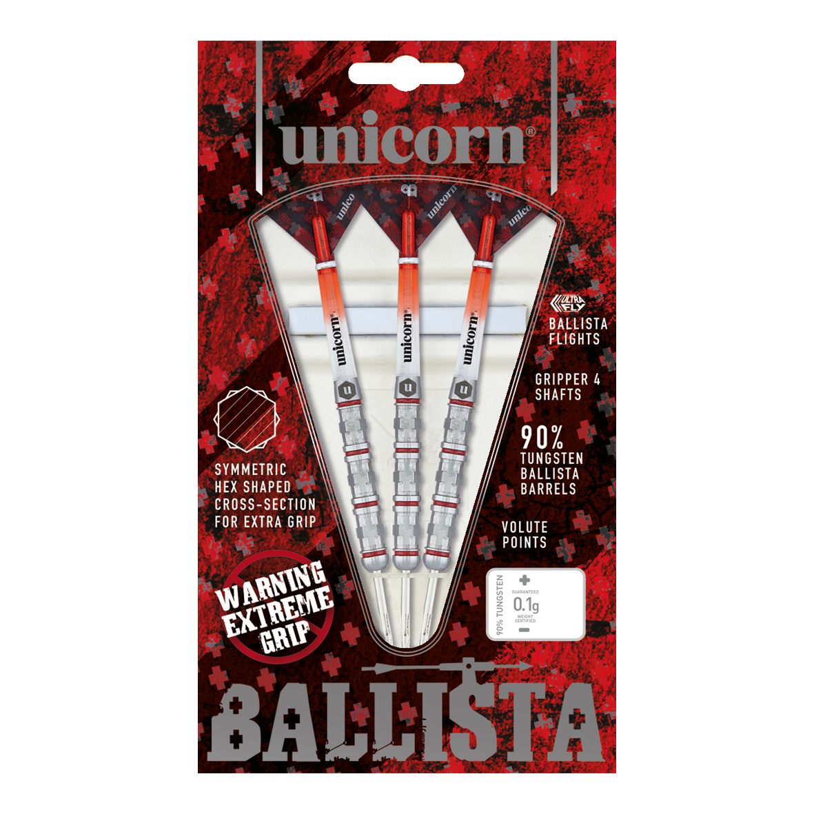 Unicorn Ballista Style 4 stalowe rzutki Auf dem Bild ist das Produkt "Unicorn Ballista Style 4 Steeldarts" zu sehen. Die Verpackung zeigt drei Steeldarts mit auffälligem Design und betont ihre hohe Griffigkeit und den 90%igen Wolframanteil.