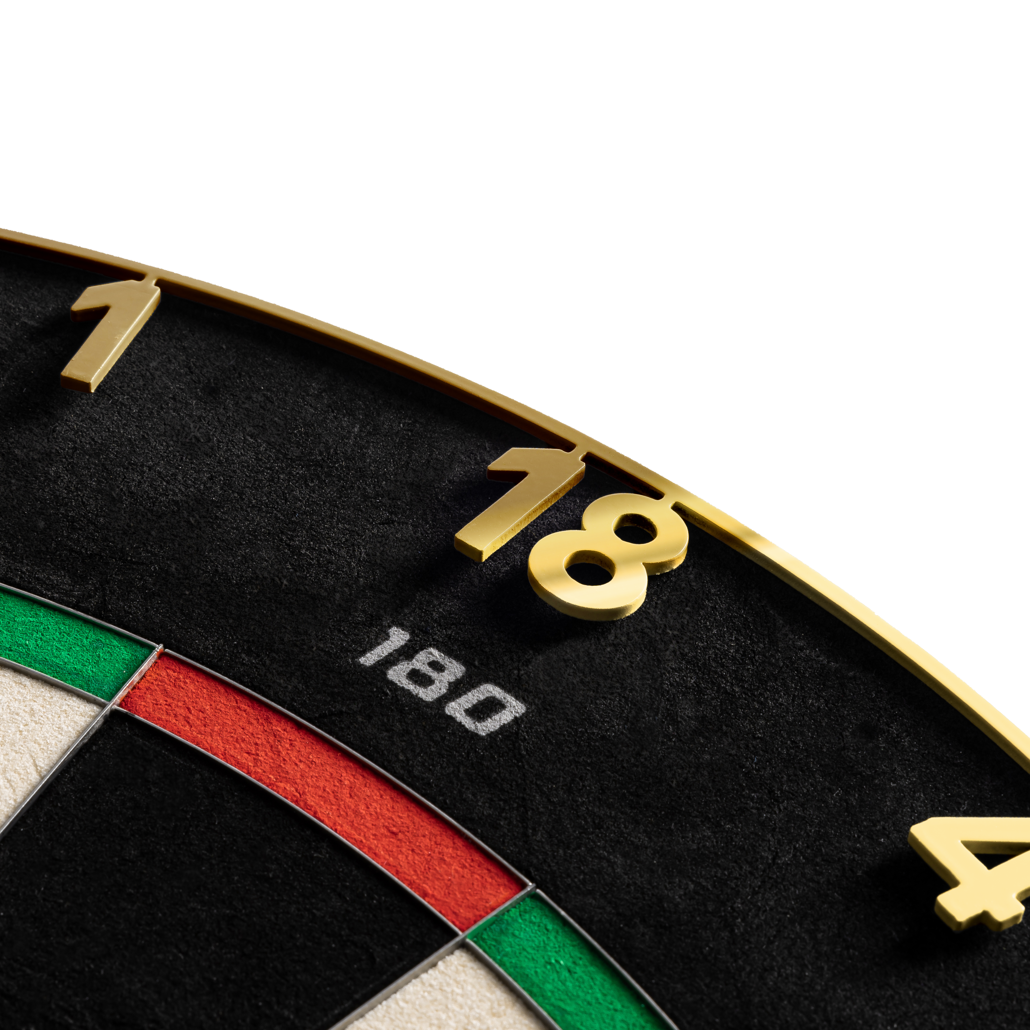 Hier sieht man das Precise 180 Endorphine Steeldartboard mit Nummernring in Gold. Die goldene Dartscheibe ist für präzises Spielen konzipiert.