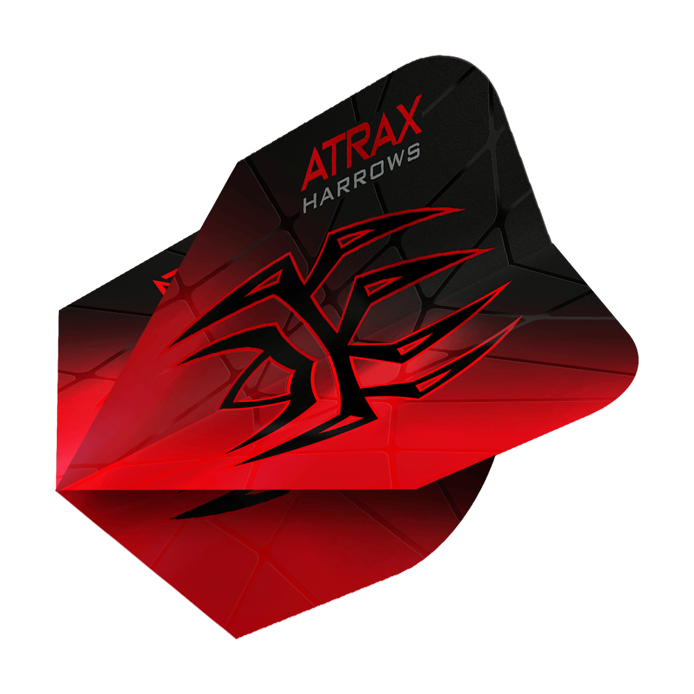 Loty Atrax Prime No6 Harrowa Das Bild zeigt das Produkt "Harrows Atrax Prime No6 Flights". Die Dartflight ist rot und schwarz mit einem markanten, grafischen Muster und dem Schriftzug "ATRAX HARROWS".