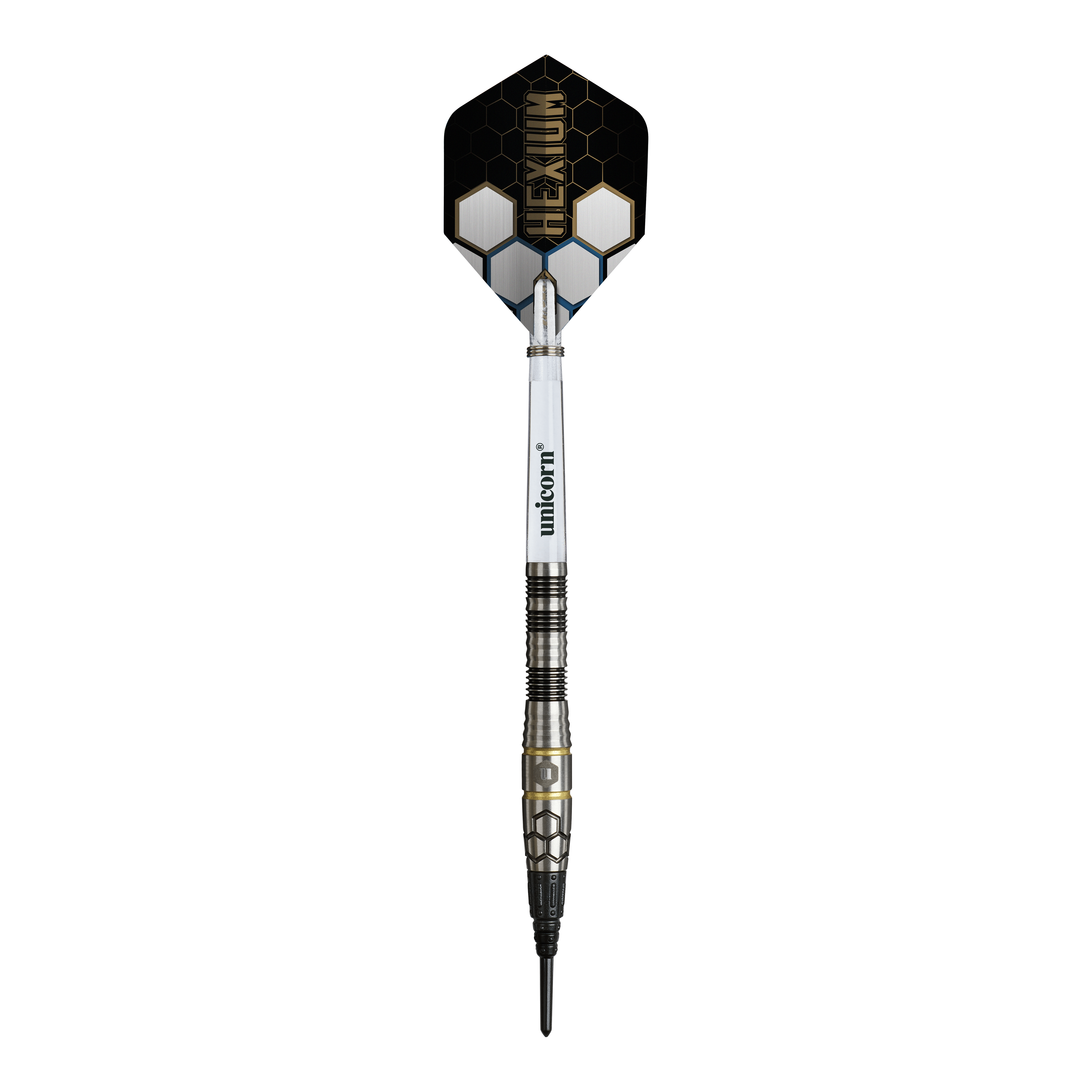 Unicorn Hexium Style 01 Czarno-złote miękkie lotki - 22 g Das Bild zeigt die Unicorn Hexium Style 01 Black & Gold Softdarts mit einem Gewicht von 22 Gramm. Die Darts zeichnen sich durch ihr schwarzes und goldenes Aussehen aus.