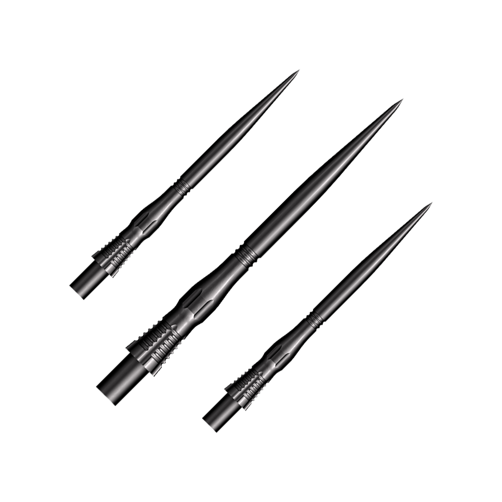 Końcówki do lotek Shot Cone Scallop Steel - czarne - 35 mm Das Bild zeigt drei schwarze Steeldart-Spitzen des Modells "Shot Cone Scallop" mit einer Länge von 35 mm. Sie sind lang, schmal und haben ein markantes, geriffeltes Design am Schaft.