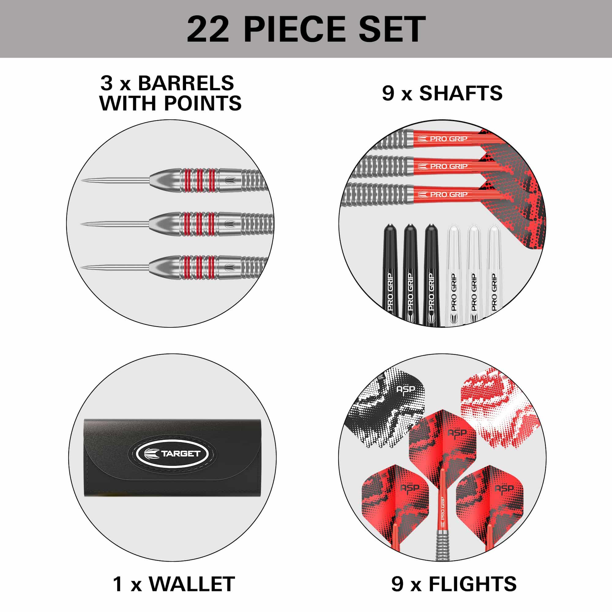 Lotki ze stali mosiężnej Nathan Aspinall Target - 22 g Gezeigt werden die Target Nathan Aspinall Brass Steeldarts mit einem Gewicht von 22g. Sie sind für Steeldart-Wettbewerbe gedacht.