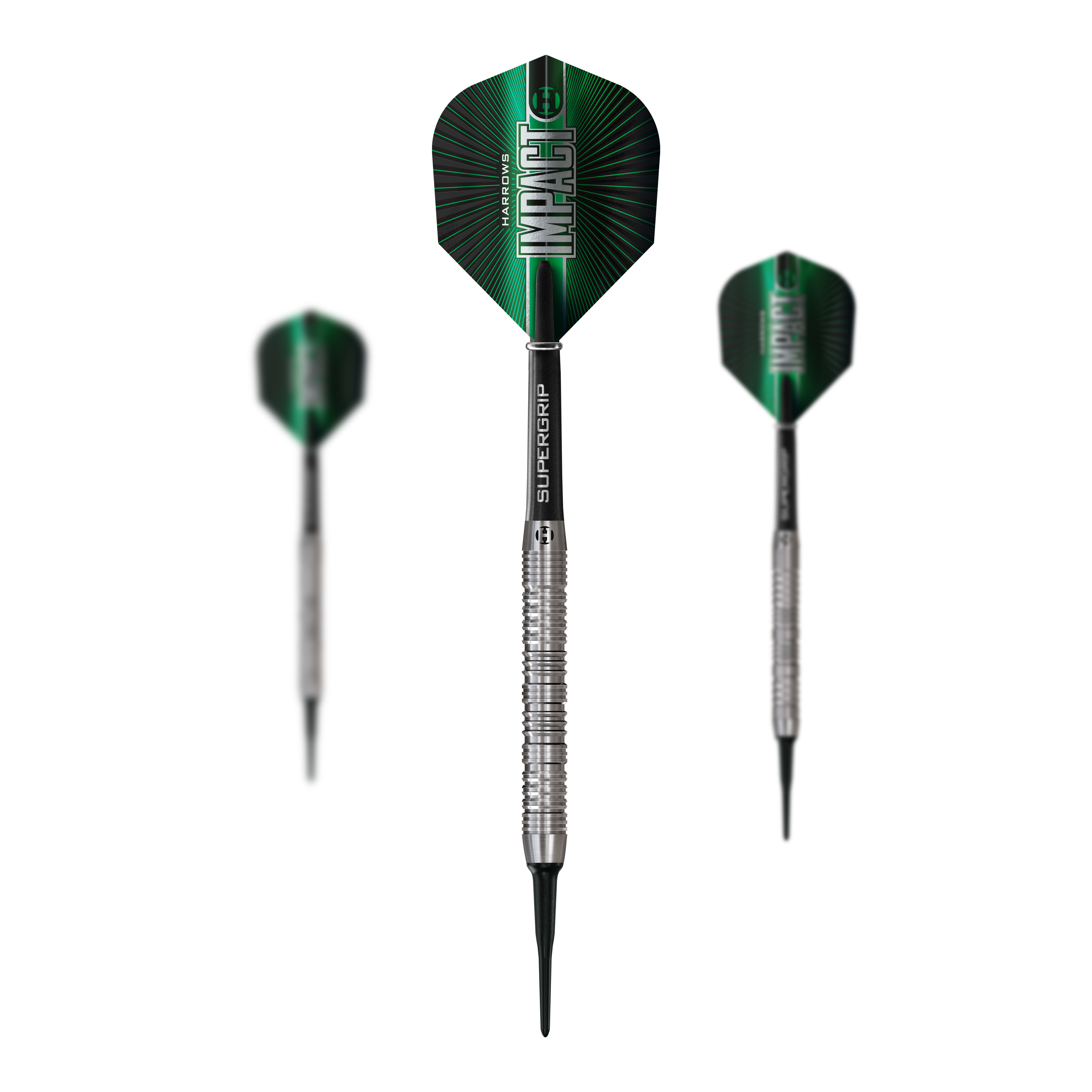 Das Bild zeigt ein Set der Harrows Impact Softdarts. Mehrere Darts sind zusammen zu sehen.