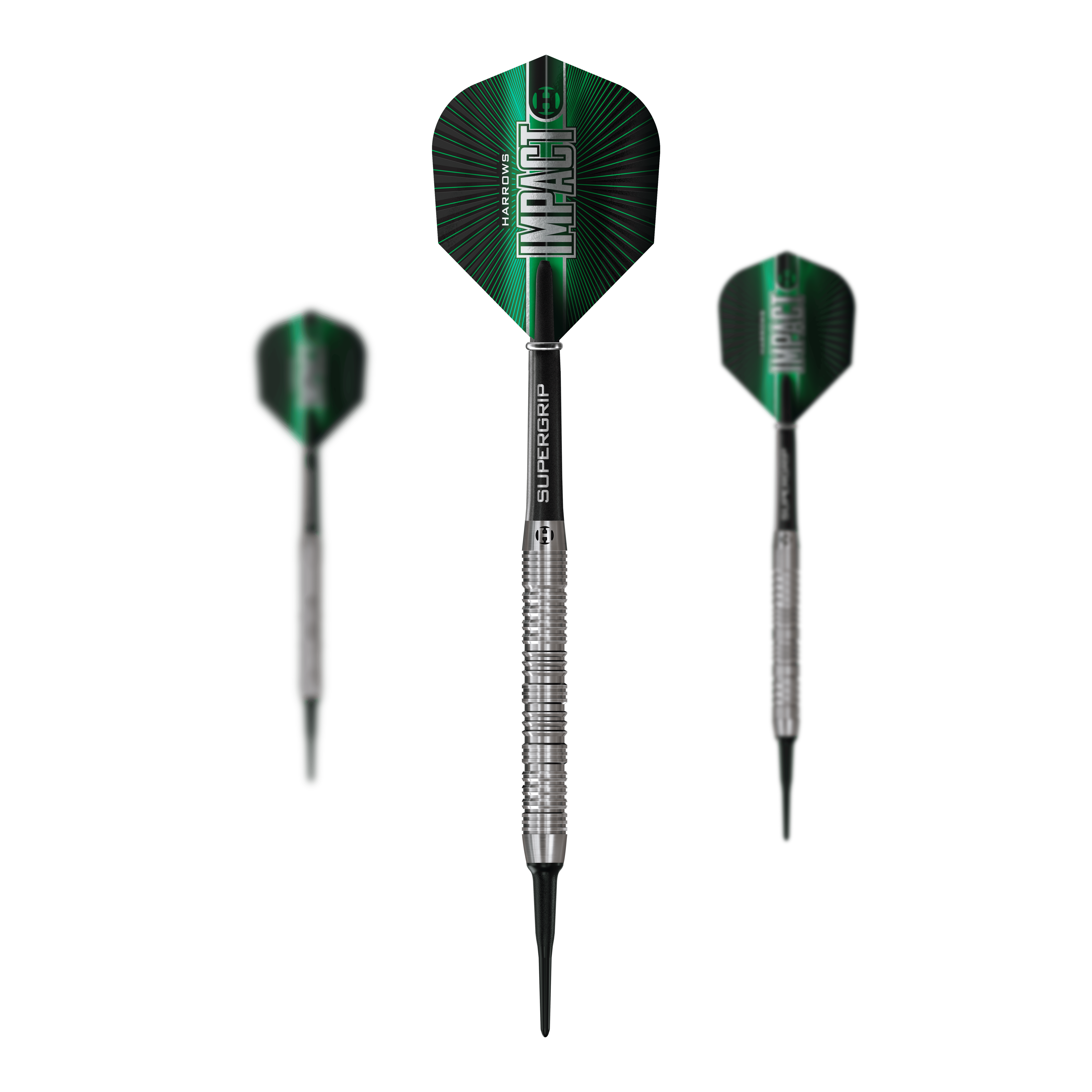 Miękkie lotki udarowe Harrows Das Bild zeigt ein Set der Harrows Impact Softdarts. Mehrere Darts sind zusammen zu sehen.