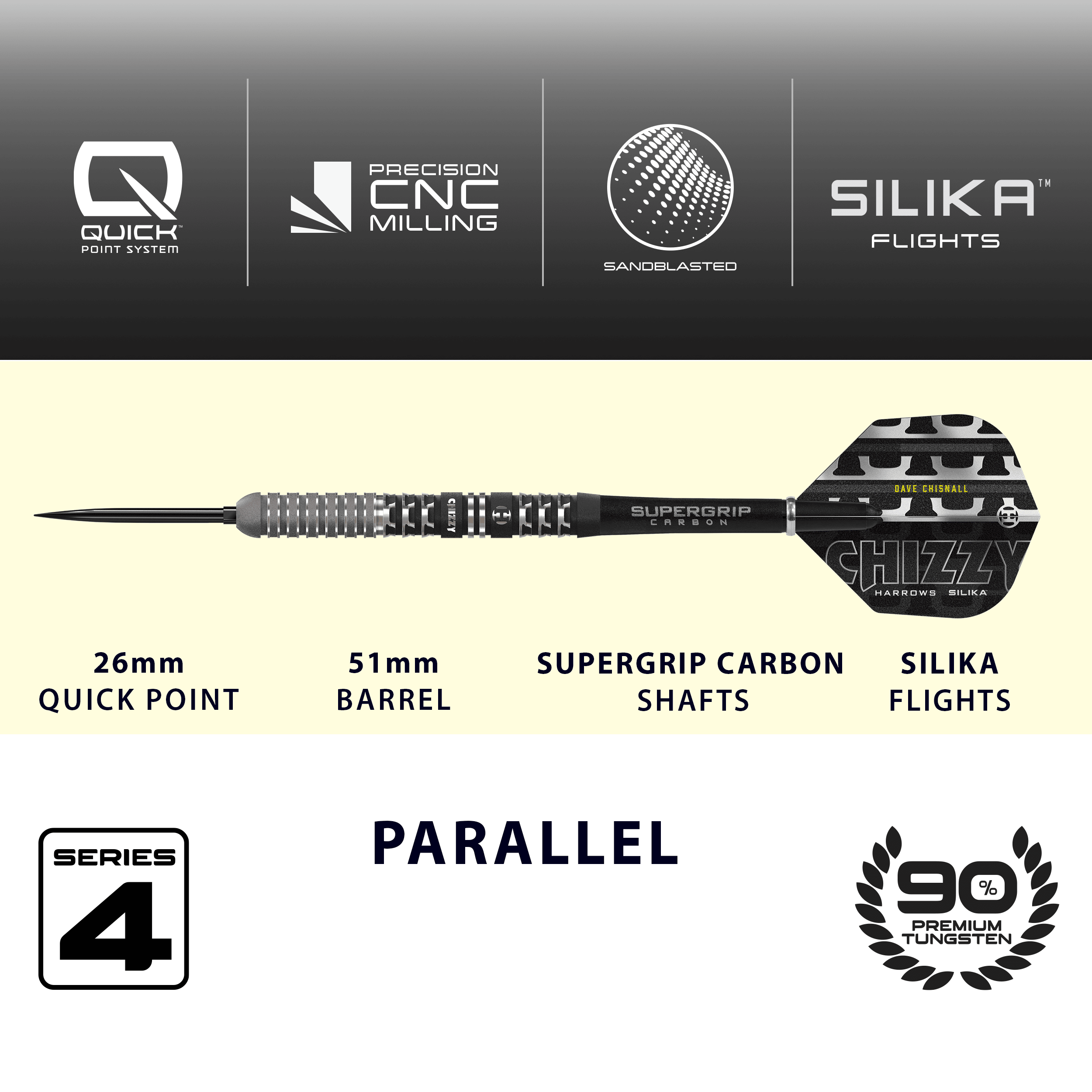 Harrows Dave Chisnall Chizzy Series 4 Quick Point Steeldarts Das Bild zeigt die Harrows Dave Chisnall Chizzy Series 4 Quick Point Steeldarts. Die Darts sind professionell und bekannt für ihre hohe Qualität.