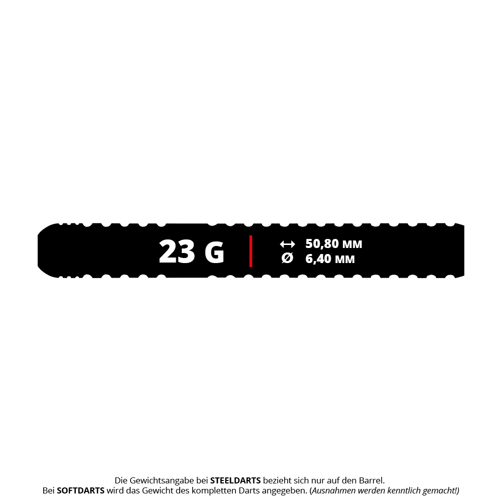 Lotki stalowe Winmau Ryan Branley - 23g Das Bild zeigt die Produktdaten der Winmau Ryan Branley Steeldarts mit einem Gewicht von 23 Gramm. Der Barrel ist 50,80 mm lang und hat einen Durchmesser von 6,40 mm.