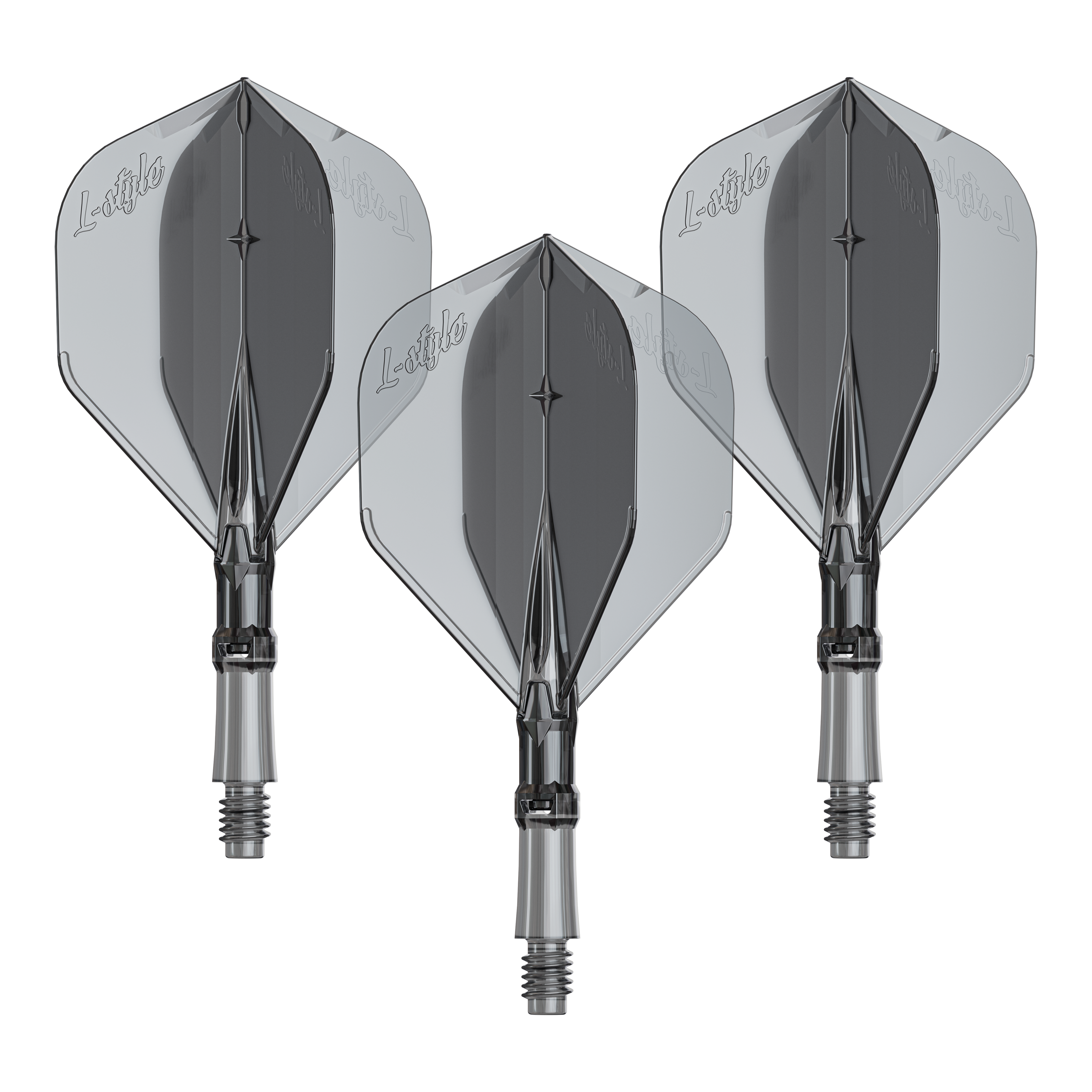 Loty L-Style L-System - Przezroczysta czerń Das Bild zeigt ein Produkt mit dem Namen LS1062_LStyle_L-System_Flights_ClearBlack_Small_190_1Set. Es handelt sich um ein Dartzubehör.