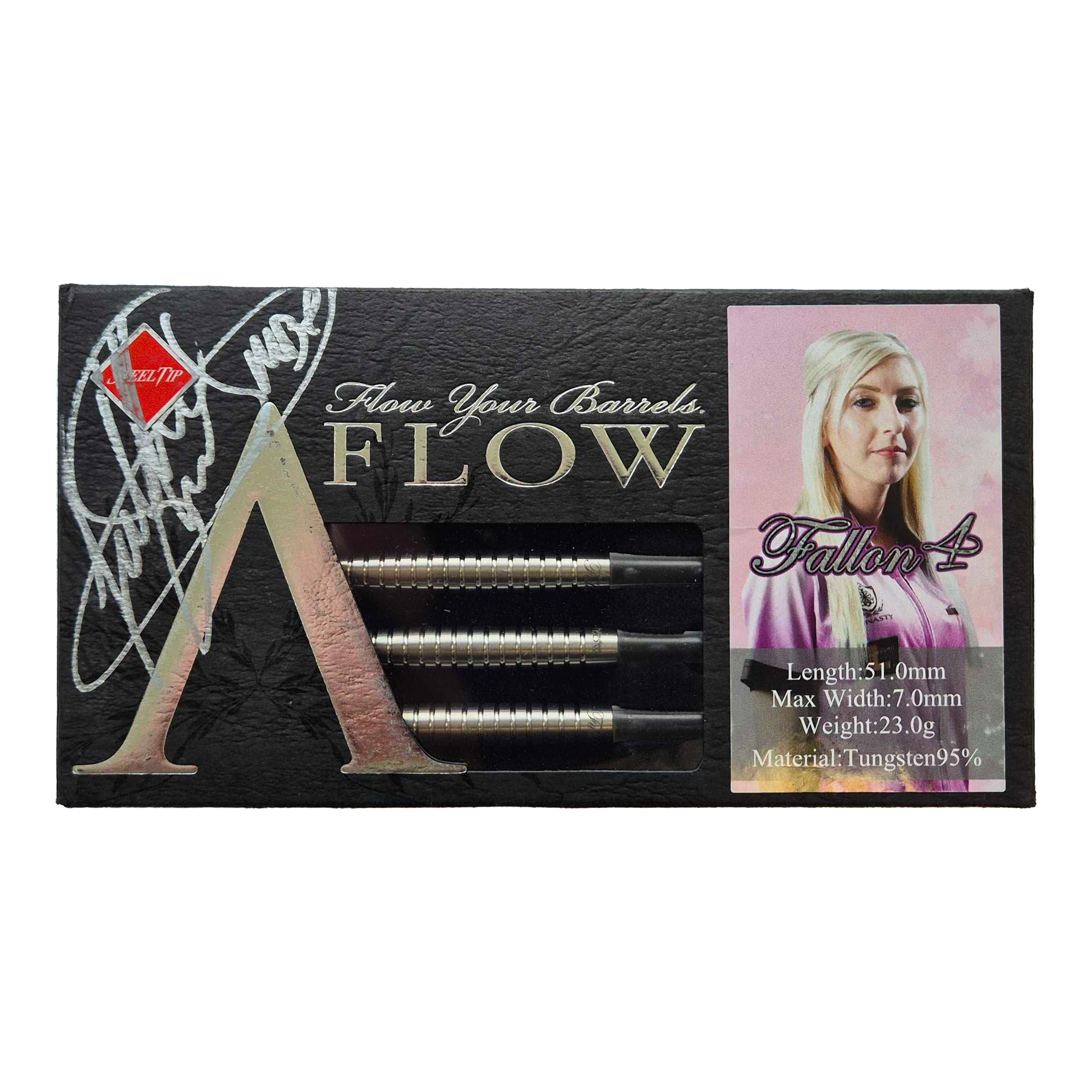 Die Verpackung zeigt drei Steeldarts der Marke "Dynasty Fallon Sherrock 4 AFlow" mit Autogramm. Rechts ist ein Bild einer Frau sowie Informationen zu Gewicht, Länge und Material der Darts zu sehen.