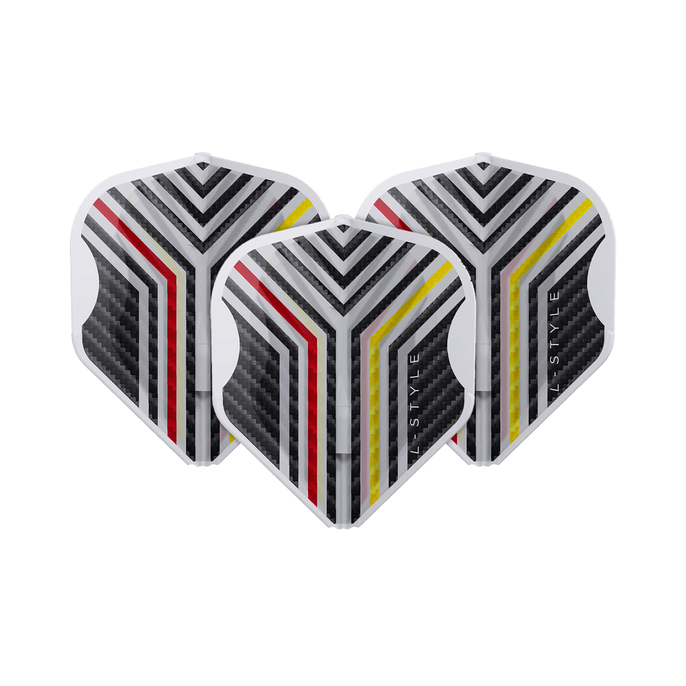 Loty Arno Merk V1 Clear White w stylu L-Style L1EZ Das Bild zeigt ein Set L-Style Arno Merk V1 Clear White L1EZ Flights ordentlich ausgelegt. Die Struktur der Flights ist hervortritt.