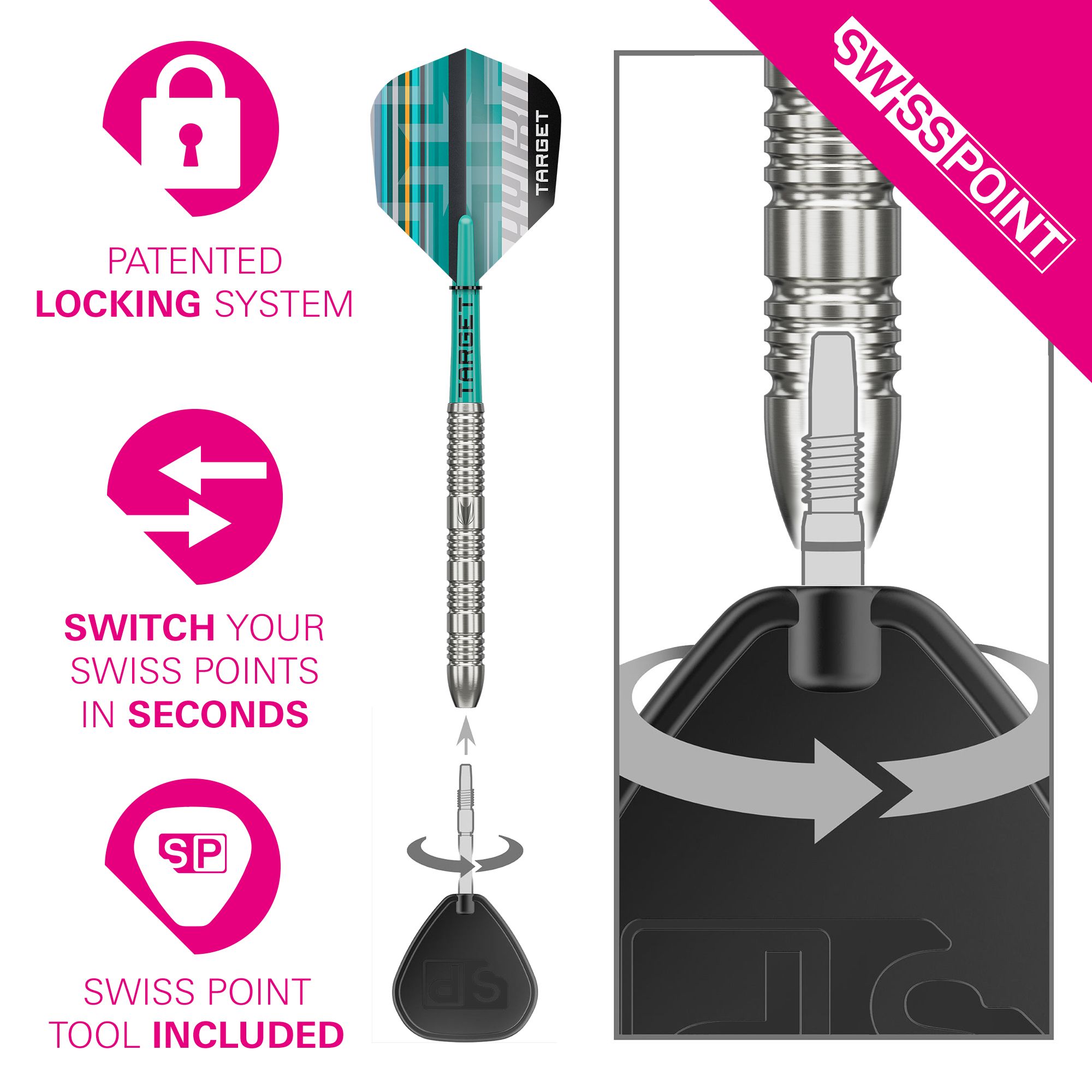Target Hydro 02 Swiss Point Steeldarts Abgebildet sind die Target Hydro 02 Swiss Point Steeldarts in einer anderen Variante. Die Darts bieten eine hochwertige Verarbeitung und optimales Handling.