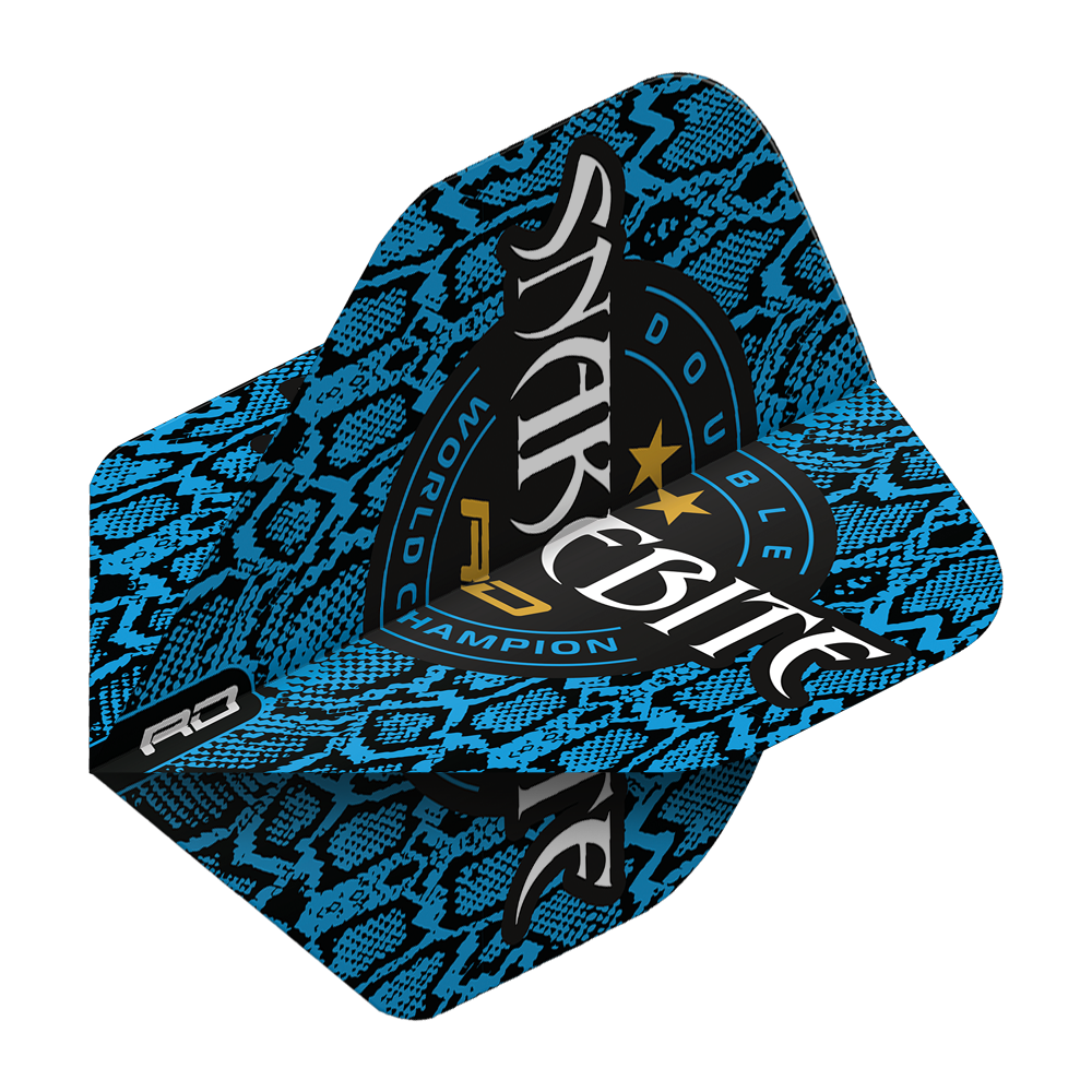 Das Bild zeigt einen blauen Dartflight mit Schlangenhautmuster und der Aufschrift "Snakebite Double World Champion". Das Design enthält außerdem zwei goldene Sterne und stilisierte Schriftzüge.