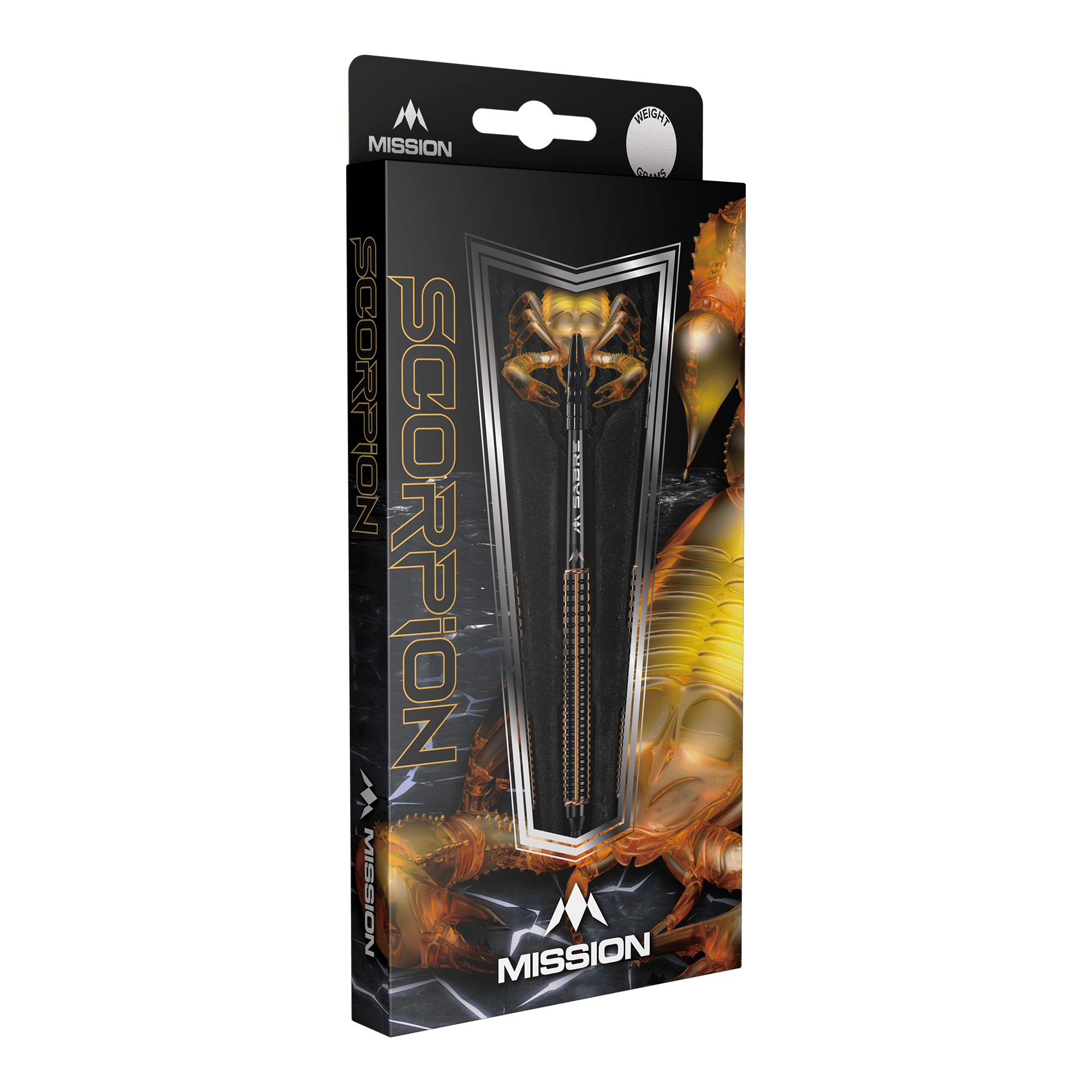 Miękkie lotki Mission Scorpion - 19g Die Abbildung zeigt die Verpackung der "Mission Scorpion Softdarts - 19g". Das Design ist schwarz-gold mit einem Skorpionmotiv und zeigt einen Dartpfeil in der Mitte.