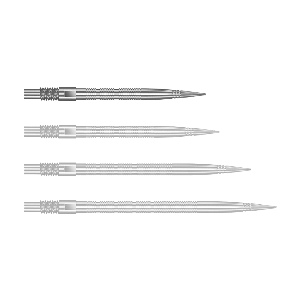 Końcówki do lotek Harrows Quick Point Micro Ridge – srebrne Silberne Harrows Quick Point MicroRidge Dartspitzen mit 26 mm Länge werden dargestellt. Die Spitzen liegen einzeln auf einer hellen Oberfläche.
