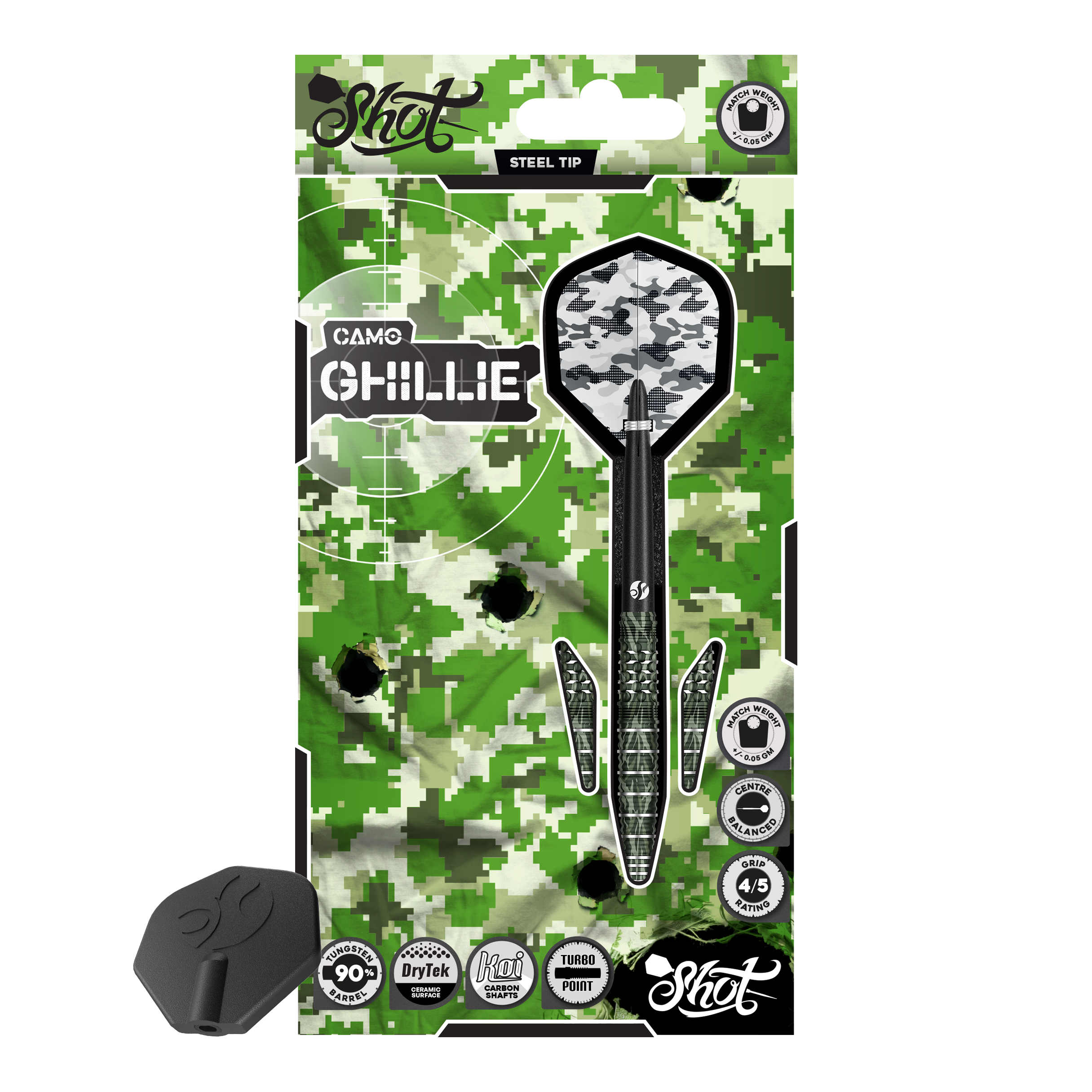 Shot Camo Ghillie Turbo Point Steeldarts mit 23 Gramm. Die Darts sind in einem speziellen Tarnmuster gehalten.