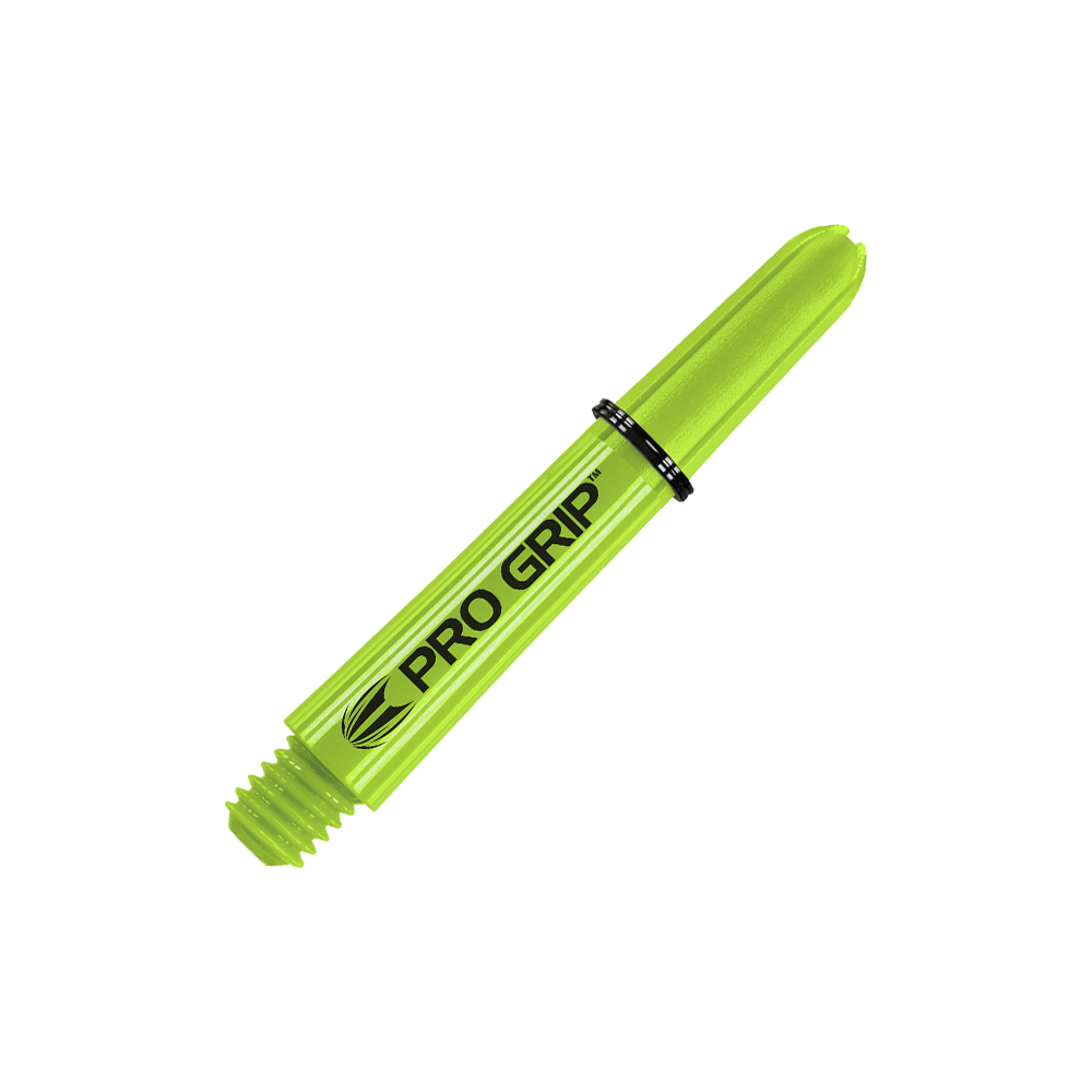 Uchwyty Target Pro Grip - 3 zestawy - limonkowy Das Bild zeigt einen limegrünen Dartshaft mit der Aufschrift "PRO GRIP". Der Schaft hat ein Schraubgewinde an einem Ende und ist 34 mm lang.