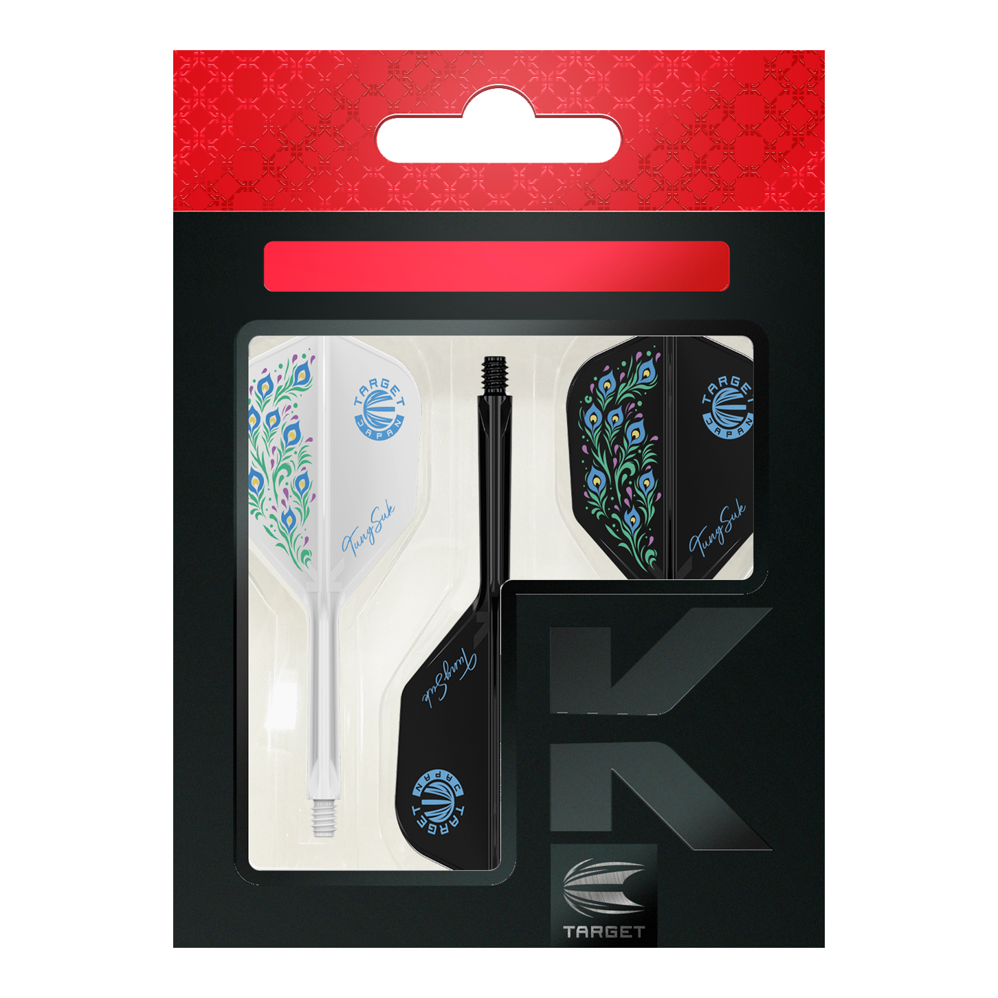 Das Bild zeigt die Verpackung des Produkts "Target Japan K-Flex Zenith Tung Suk No6 Flight-Shaft-System". In der Verpackung befinden sich unterschiedlich farbige Dartflights und -schäfte mit dekorativem Muster.