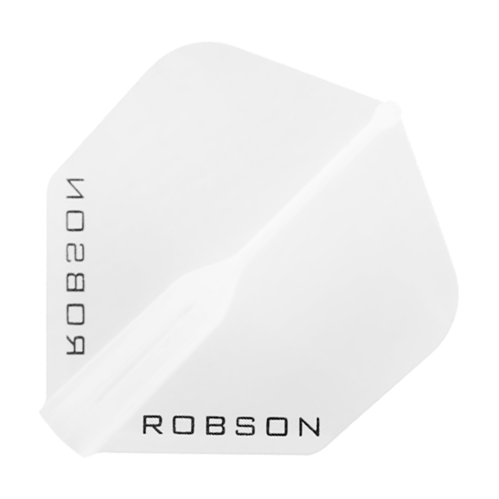 Loty Robson Plus — standardowe Das Bild zeigt einen klaren, sechseckigen Dartflight mit dem Schriftzug "ROBSON" in schwarzer Farbe. Das Design ist schlicht und durchsichtig gehalten.