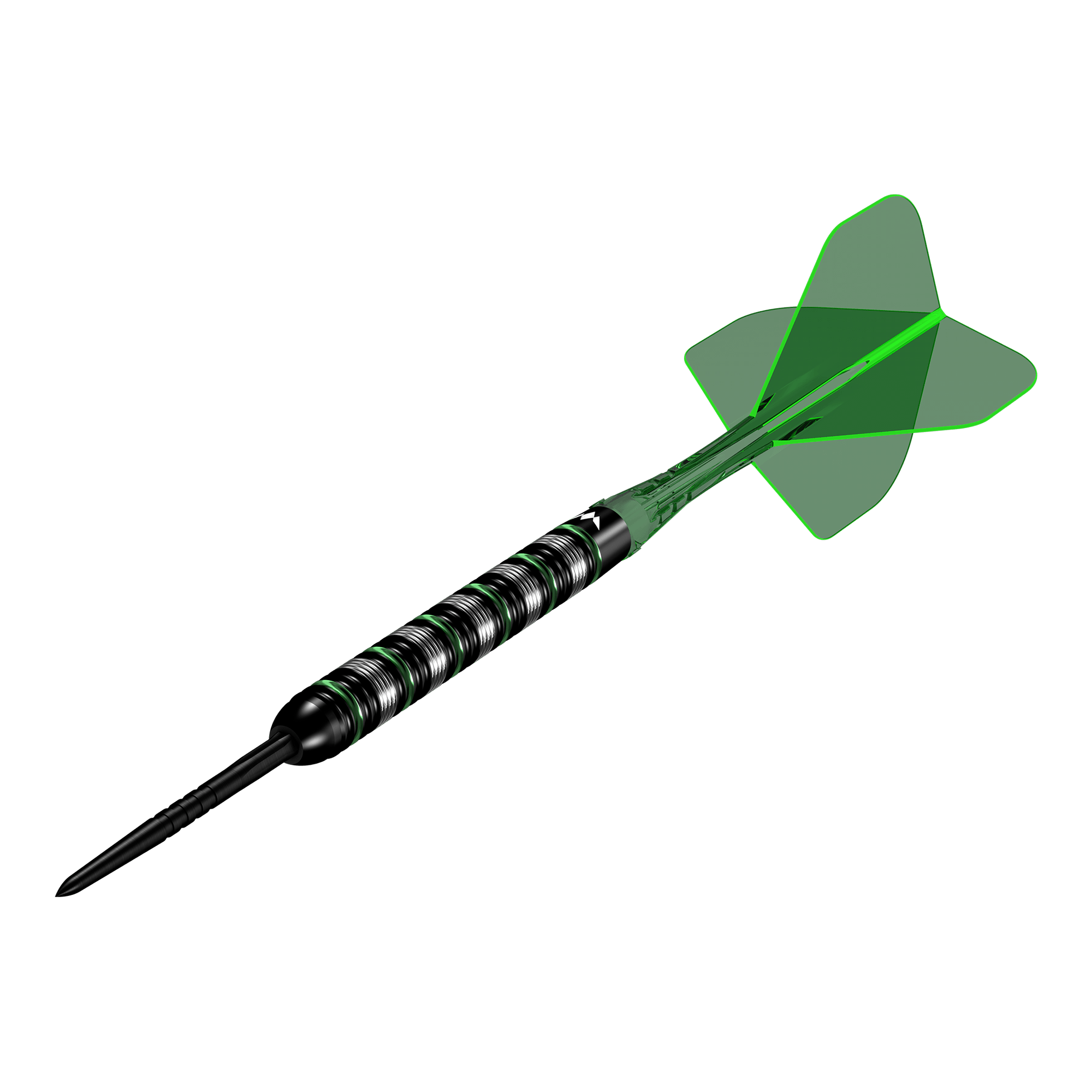 Lotki Mission Moldavite Steel - 23g Mission Moldavite Steeldarts - 23g wird aus einer anderen Perspektive gezeigt. Die Darts zeichnen sich durch ein grünes Designelement aus.