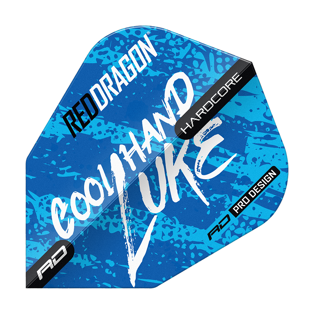 Das Bild zeigt das Produkt „Red Dragon Luke Humphries World Champion Blue V-Standard Flights“. Das Design ist blau mit weißen und schwarzen Schriftzügen, darunter „Cool Hand Luke“ und „RED DRAGON“.