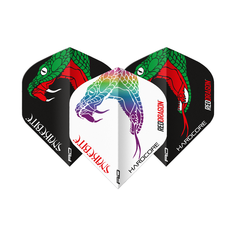 Red Dragon Peter Wright Ukąszenie Węża Czarno-Białe Yin Yang Standardowe Loty Das Bild zeigt drei Dart-Flights der Marke "Red Dragon Peter Wright Snakebite Black White Yin Yang Standard Flights". Die Flights sind in Schwarz und Weiß gestaltet und mit farbigen Schlangenmotiven verziert.