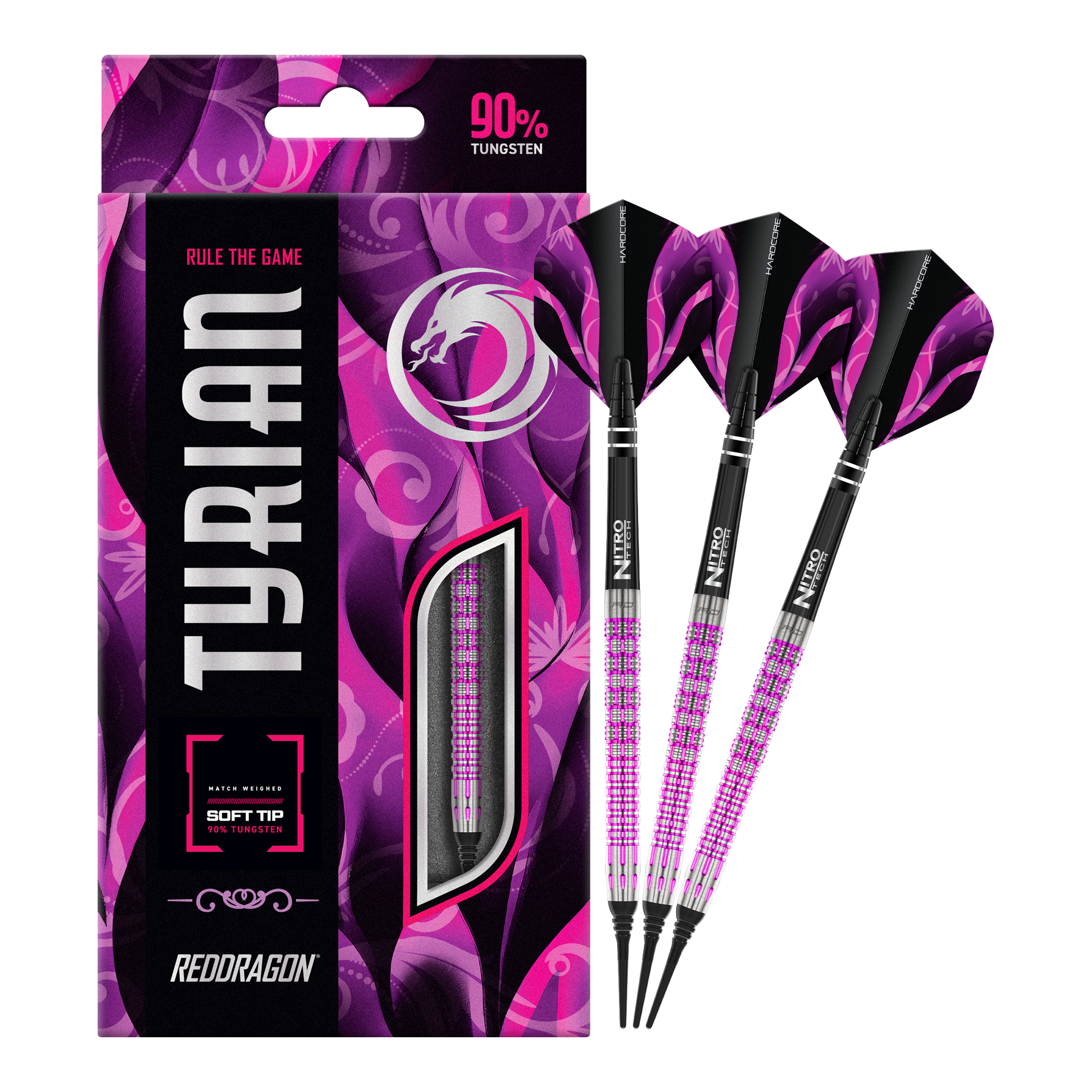 Das Bild zeigt die Red Dragon Tyrian Softdarts - 22g mit einem auffälligen pink-schwarzen Design. Die Darts bestehen zu 90% aus Tungsten und werden in einer passenden Verpackung präsentiert.