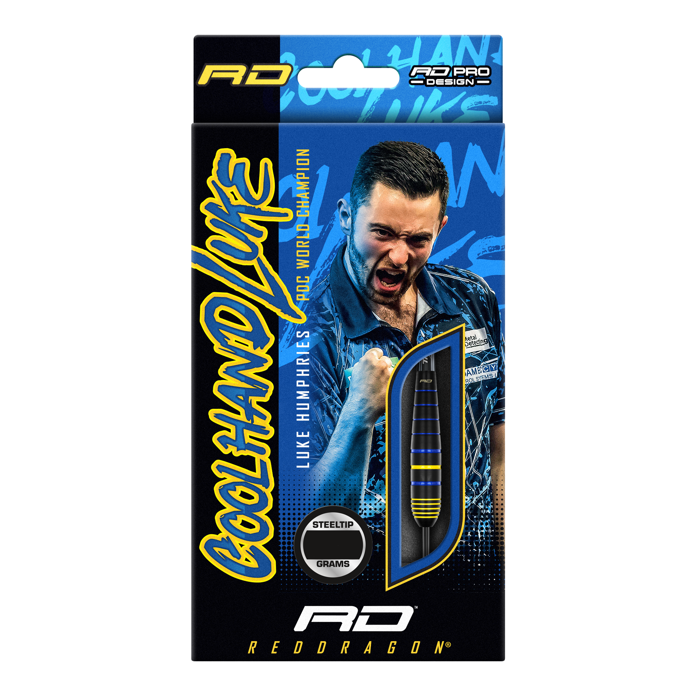 Rzutki Red Dragon Luke Humphries World Champion Brass Steel Auf der Verpackung sind die "Red Dragon Luke Humphries World Champion Brass Steeldarts" abgebildet. Im Hintergrund ist ein jubelnder Spieler zu sehen, daneben ist ein Dartpfeil durch ein Sichtfenster sichtbar.