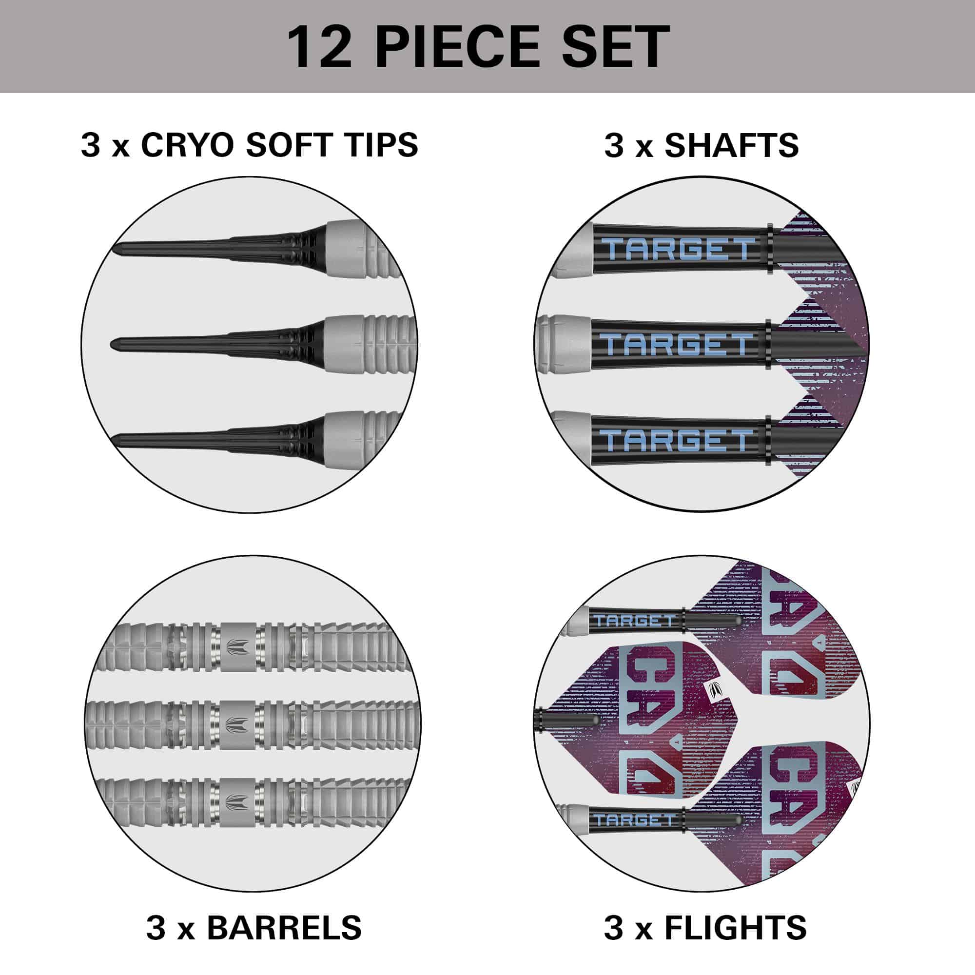 Dieses Bild stellt die Target Cryo 12 Softdarts dar. Diese Softdarts bieten optimale Kontrolle für ambitionierte Spieler.