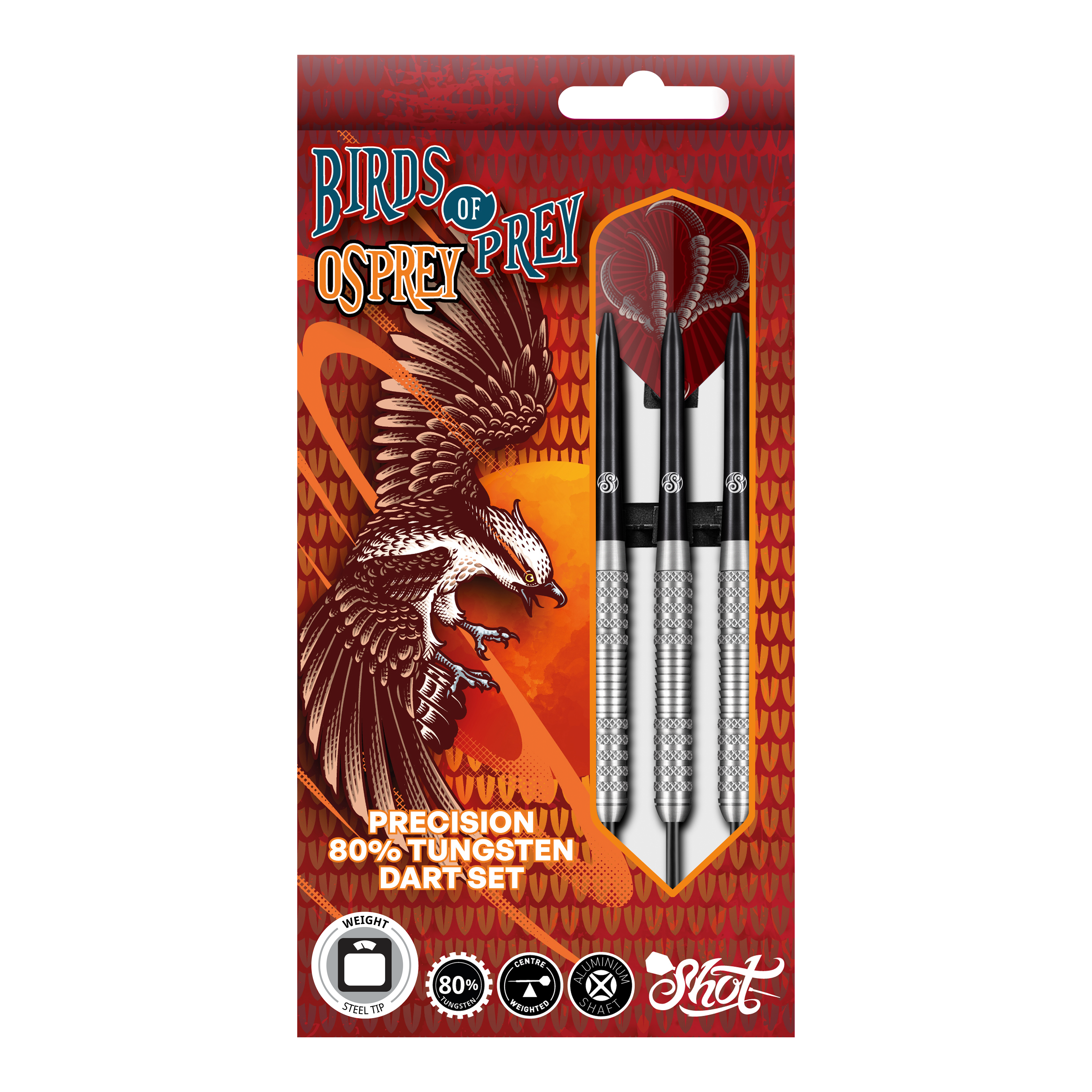 Strzał ze stalowych strzałek dla ptaków drapieżnych Osprey Auf dem Bild ist eine Packung "Shot Birds Of Prey Osprey Steeldarts" zu sehen. Die Verpackung zeigt drei Steeldarts und eine Illustration eines Greifvogels.