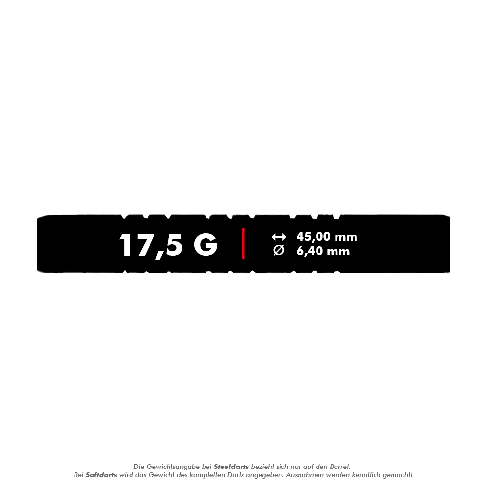 Lotki McDart 85 Tungsten V11 Soft Darts - 17,5 g Das Bild zeigt die Produktangaben der McDart 85er Tungsten V11 Softdarts mit einem Gewicht von 17,5 g. Die Darts haben eine Länge von 45,00 mm und einen Durchmesser von 6,40 mm.