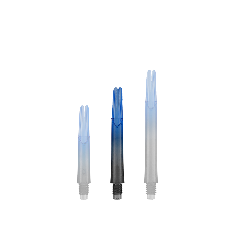 Das Bild zeigt drei unterschiedlich lange, zweifarbige Dartschäfte in Schwarz und Blau. Sie stehen aufrecht nebeneinander auf einem neutralen Hintergrund.