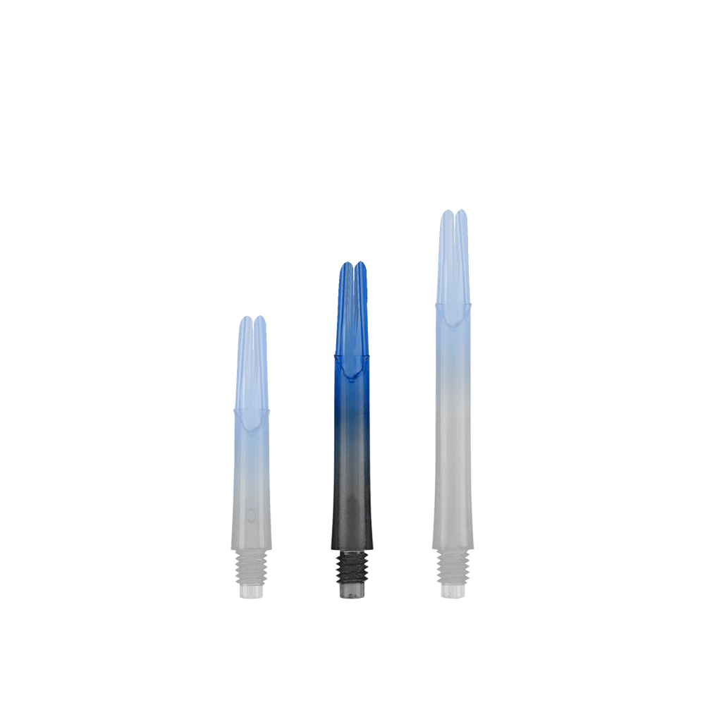 Dwukolorowe wałki L-L-Style-Shaft Locked Straight Natural9 - niebieskie Das Bild zeigt drei unterschiedlich lange, zweifarbige Dartschäfte in Schwarz und Blau. Sie stehen aufrecht nebeneinander auf einem neutralen Hintergrund.