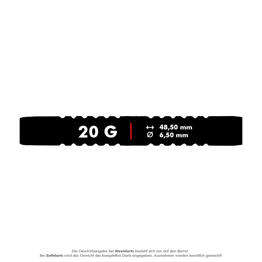 Miękkie rzutki Winmau Jules Van Dongen - 20g Das Bild zeigt die Produktangaben für die Winmau Jules Van Dongen Softdarts mit einem Gewicht von 20 Gramm. Die Darts haben eine Länge von 48,50 mm und einen Durchmesser von 6,50 mm.
