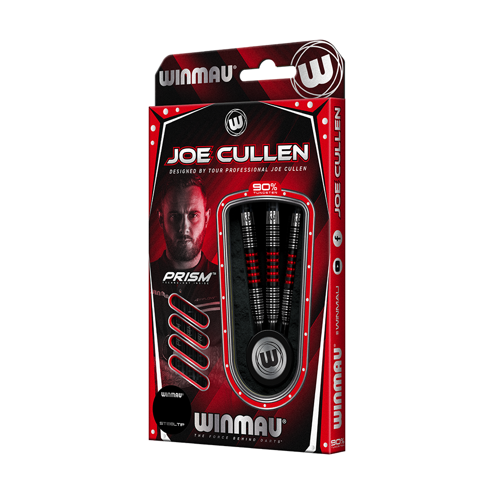 1462_Winmau_Joe_Cullen_90_Steeldarts_3 Auf dem Bild ist eine Packung "Winmau Joe Cullen Steeldarts" zu sehen. Die Verpackung ist überwiegend rot und schwarz gestaltet und zeigt drei Darts sowie ein Porträt von Joe Cullen.