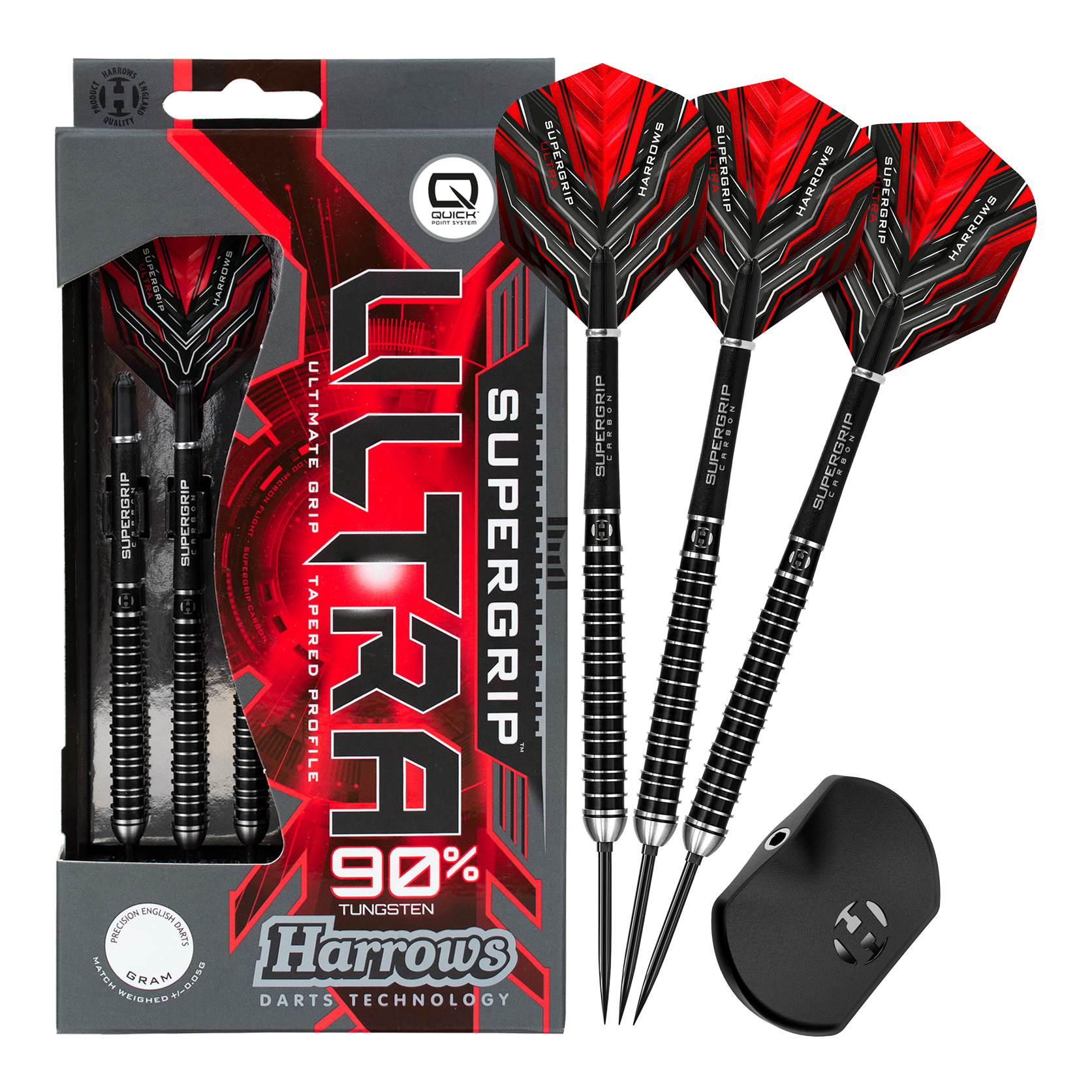 Lotki stalowe Harrows Supergrip Ultra Quick Point Abgebildet sind Harrows Supergrip Ultra Quick Point Steeldarts. Das Set ist in voller Länge dargestellt.