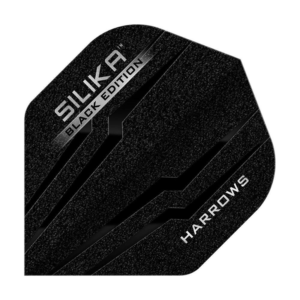 Harrows Silika Black Edition No2 Standard Flights Das Bild zeigt das Produkt "Harrows Silika Black-Edition No2 Standard Flights". Das Flight ist schwarz mit silbernen Akzenten und markanten Schriftzügen.