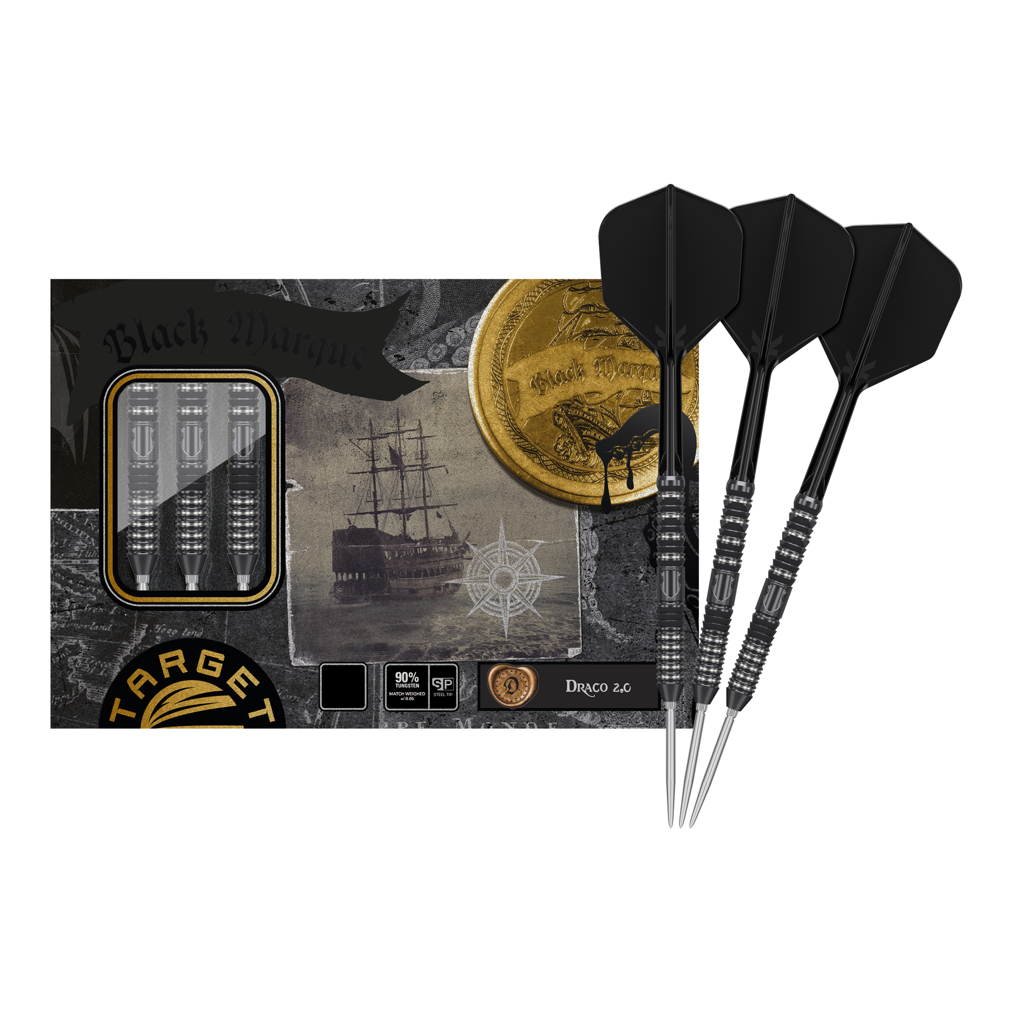 Das Bild zeigt die Target Japan Black Marque Draco GEN2 Steeldarts mit einer stilvollen Verpackung im Piraten-Design. Drei schwarze Steeldarts sind neben der Verpackung abgebildet.