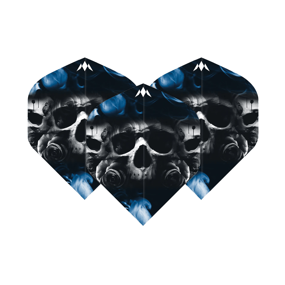 Misja Solo Shaun McDonald No2 Standardowe loty Das Bild zeigt drei Dartflights mit einem Totenkopf und blauen Raucheffekten als Motiv. Die Flights sind das Produkt "Mission Solo Shaun McDonald No2 Standard Flights".
