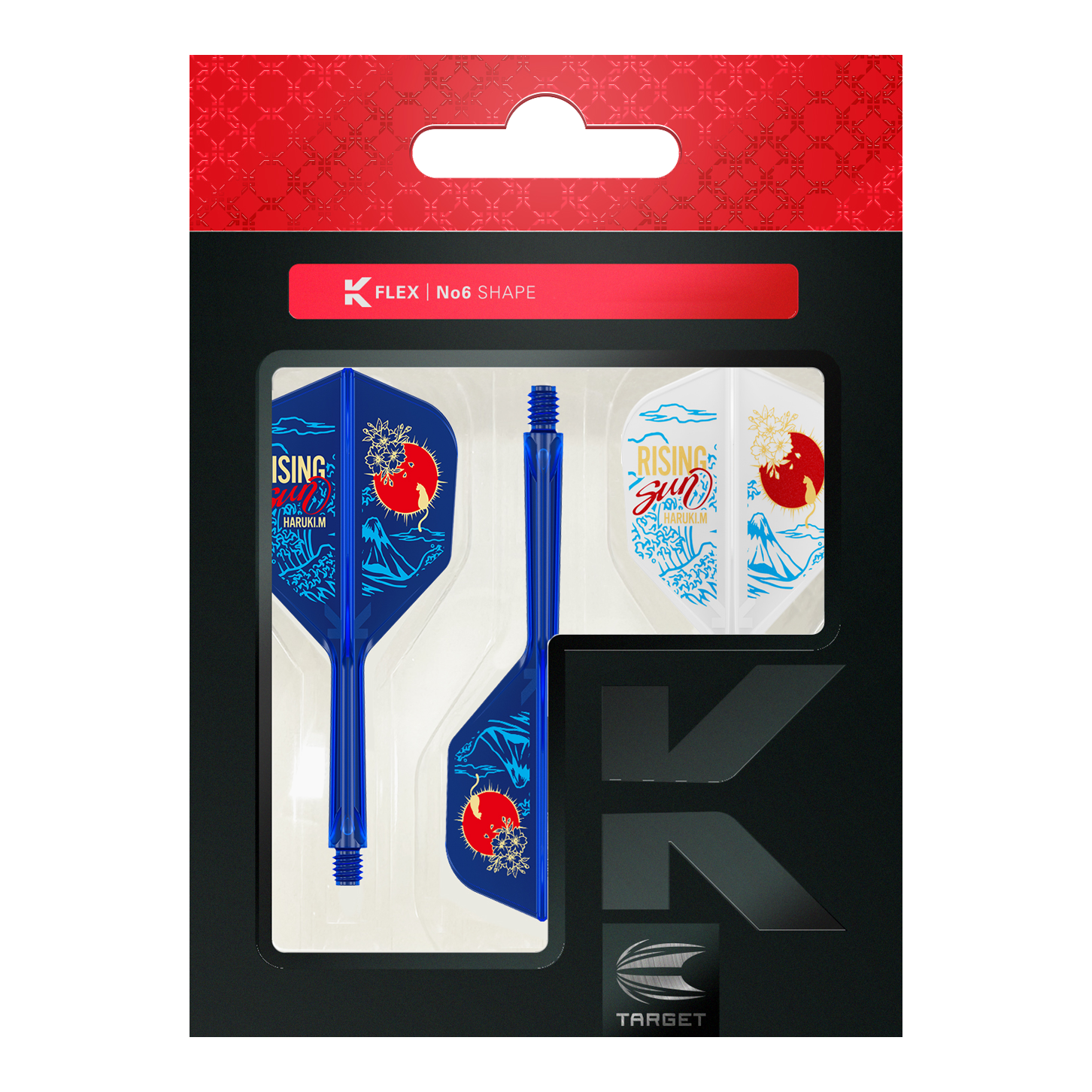 Das Bild zeigt eine Verpackung mit Dart-Flights und Schäften im Design „Rising Sun No6“ von Haruki Muramatsu. Die Flights sind in Blau und Weiß mit japanischen Motiven gestaltet und befinden sich in einer schwarzen Verpackung mit rotem Kopfteil.
