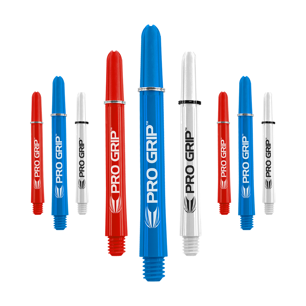 Das Bild zeigt neun Dart-Shafts in den Farben Blau, Rot und Weiß. Auf jedem Shaft steht der Schriftzug "PRO GRIP" mit einem kleinen Logo darunter.