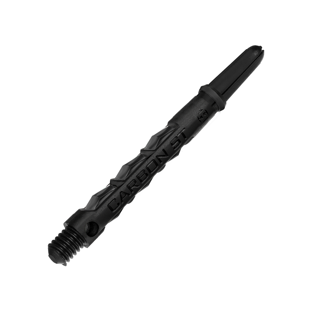 HR436_Harrows_Carbon_ST_Shafts_Schwarz_47mm_2 Das Bild zeigt einen schwarzen Harrows Carbon ST Shaft. Der Schaft ist aus robustem Material gefertigt und besitzt eine geriffelte Struktur.