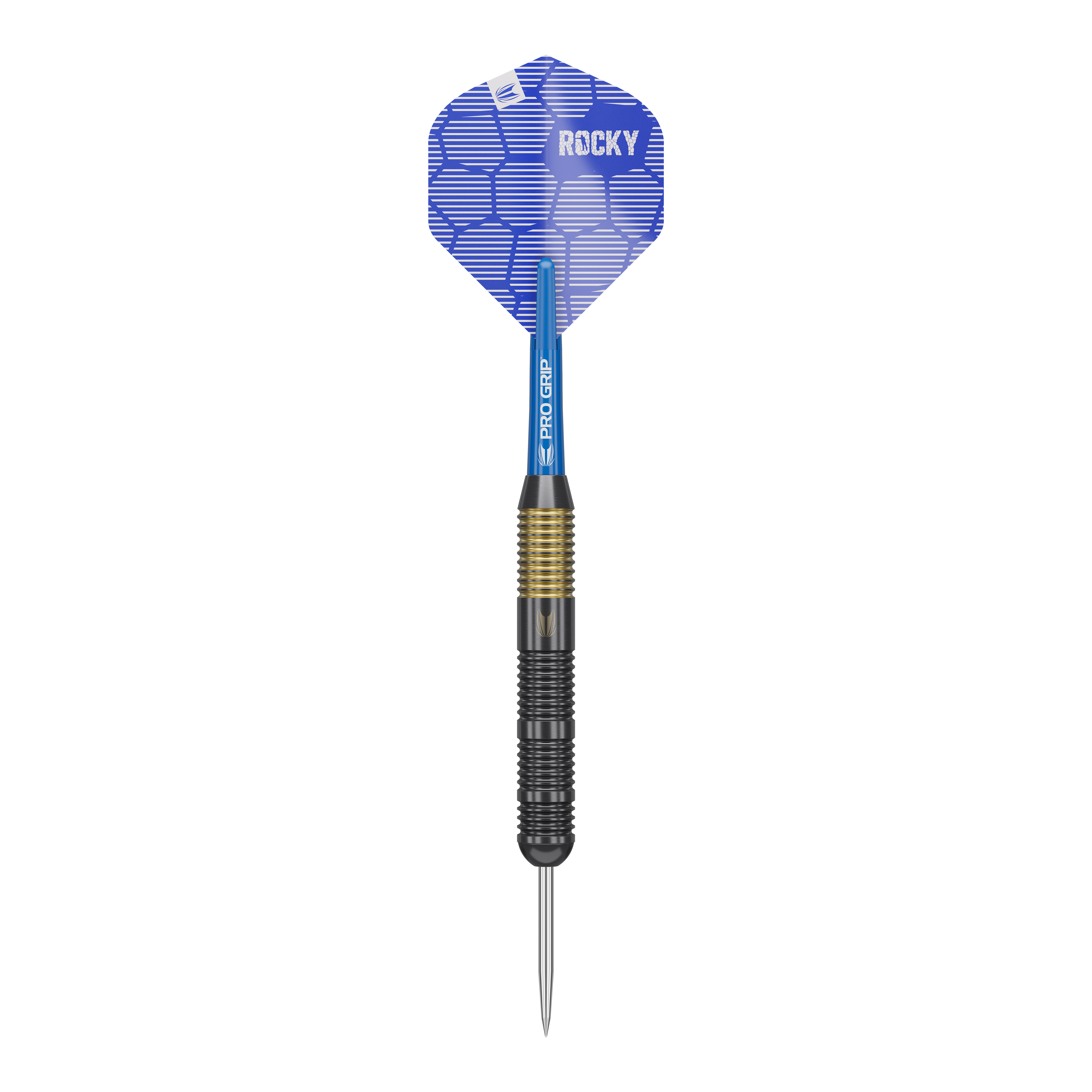 Lotki Target Josh Rock Brass Steel Darts - 22g Das Bild zeigt einen Target Josh Rock Brass Steeldart mit einem Gewicht von 22g. Der Dart hat eine blaue Flight mit der Aufschrift "ROCKY" und einen geriffelten Messinggriff.