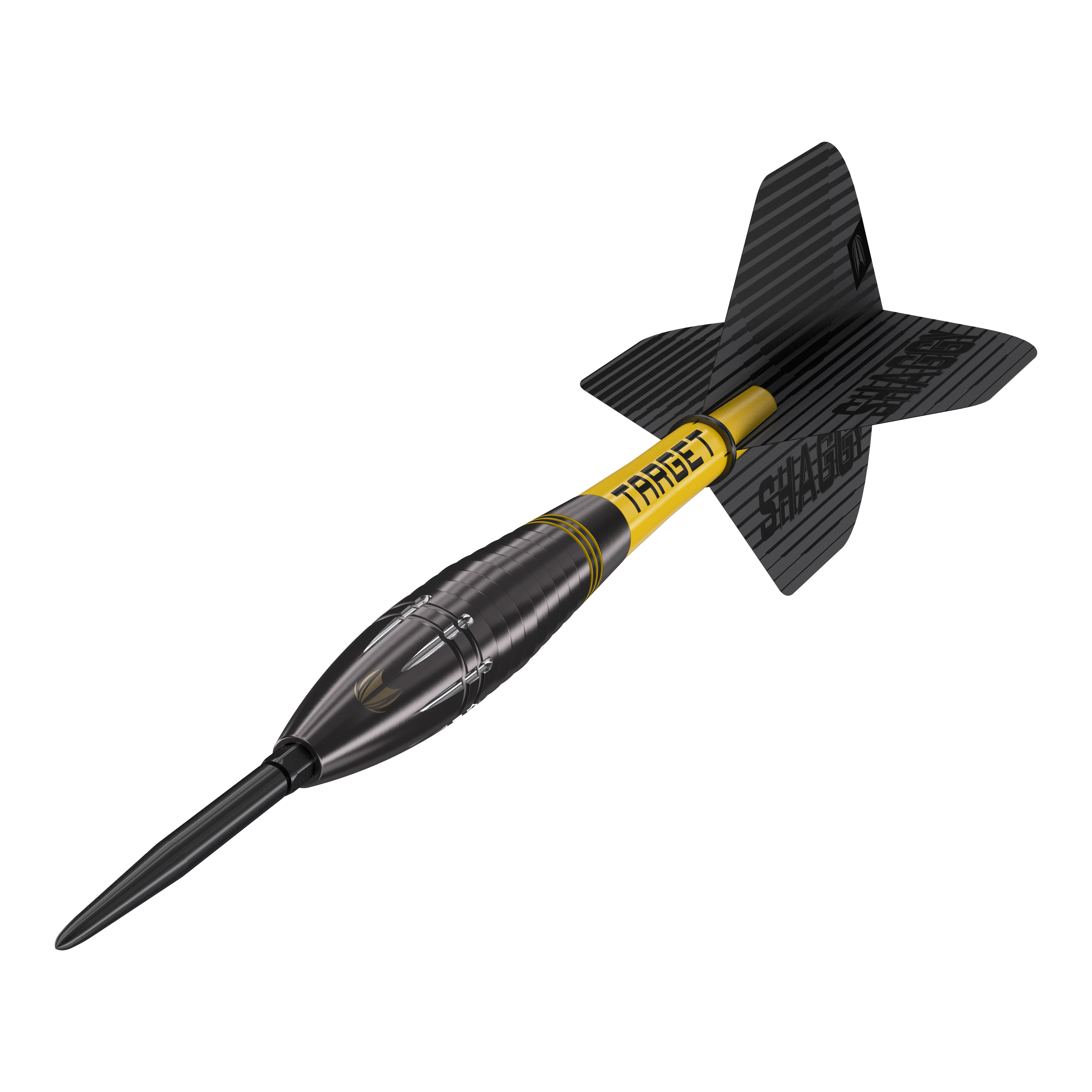 Lotki stalowe Target Scott Williams Shaggy Black Swiss Point Das Bild zeigt den Target Scott Williams Shaggy Black Swiss Point Steeldart. Der Dart hat ein schwarzes Design mit gelben Akzenten und einer schwarzen Flights.