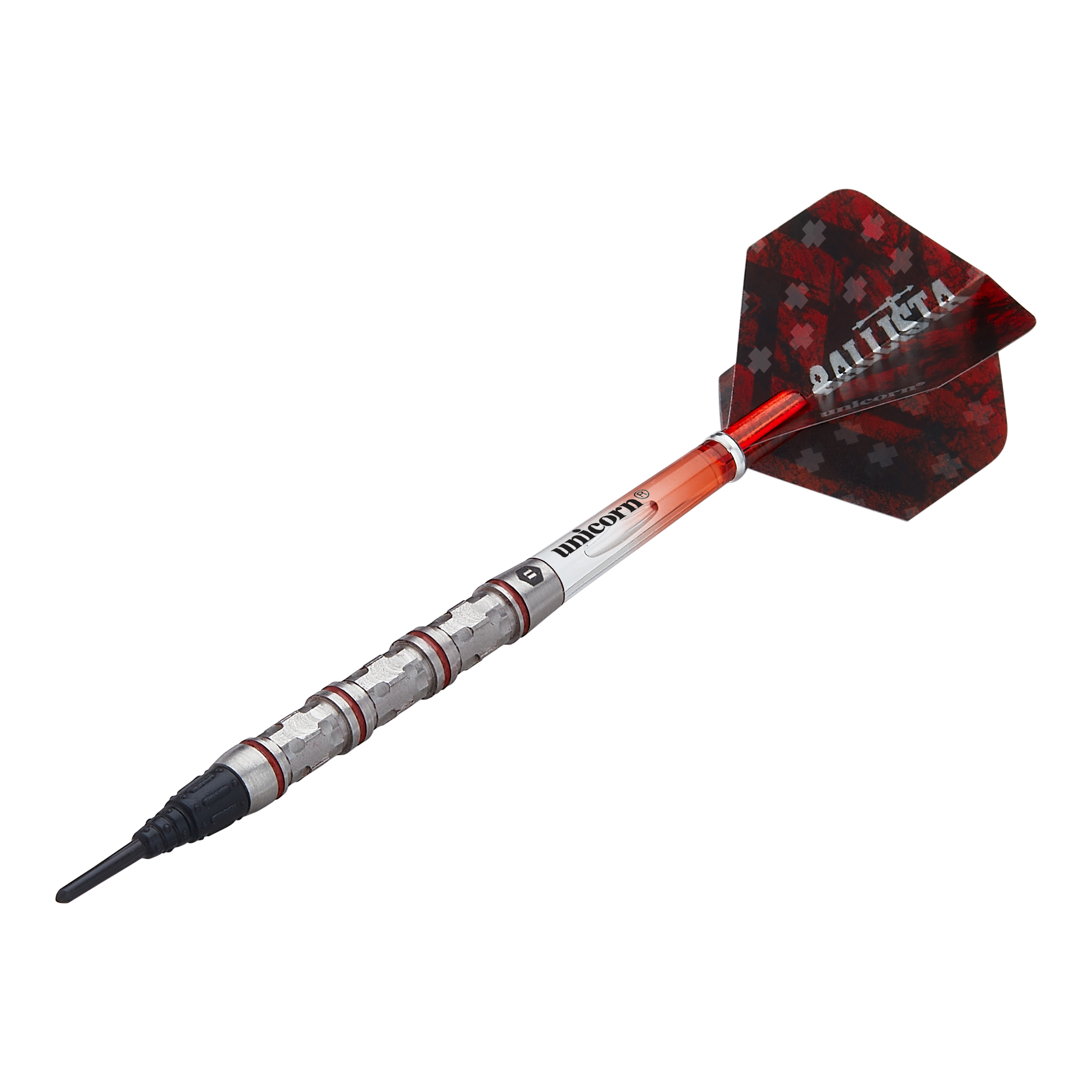 Unicorn Ballista Style 4 miękkie lotki Das Bild zeigt einen Softdart der Marke Unicorn, Modell Ballista Style 4. Der Dartpfeil hat einen silbernen Schaft mit roten Akzenten und eine rot-schwarze Flights mit der Aufschrift "BALLISTA".