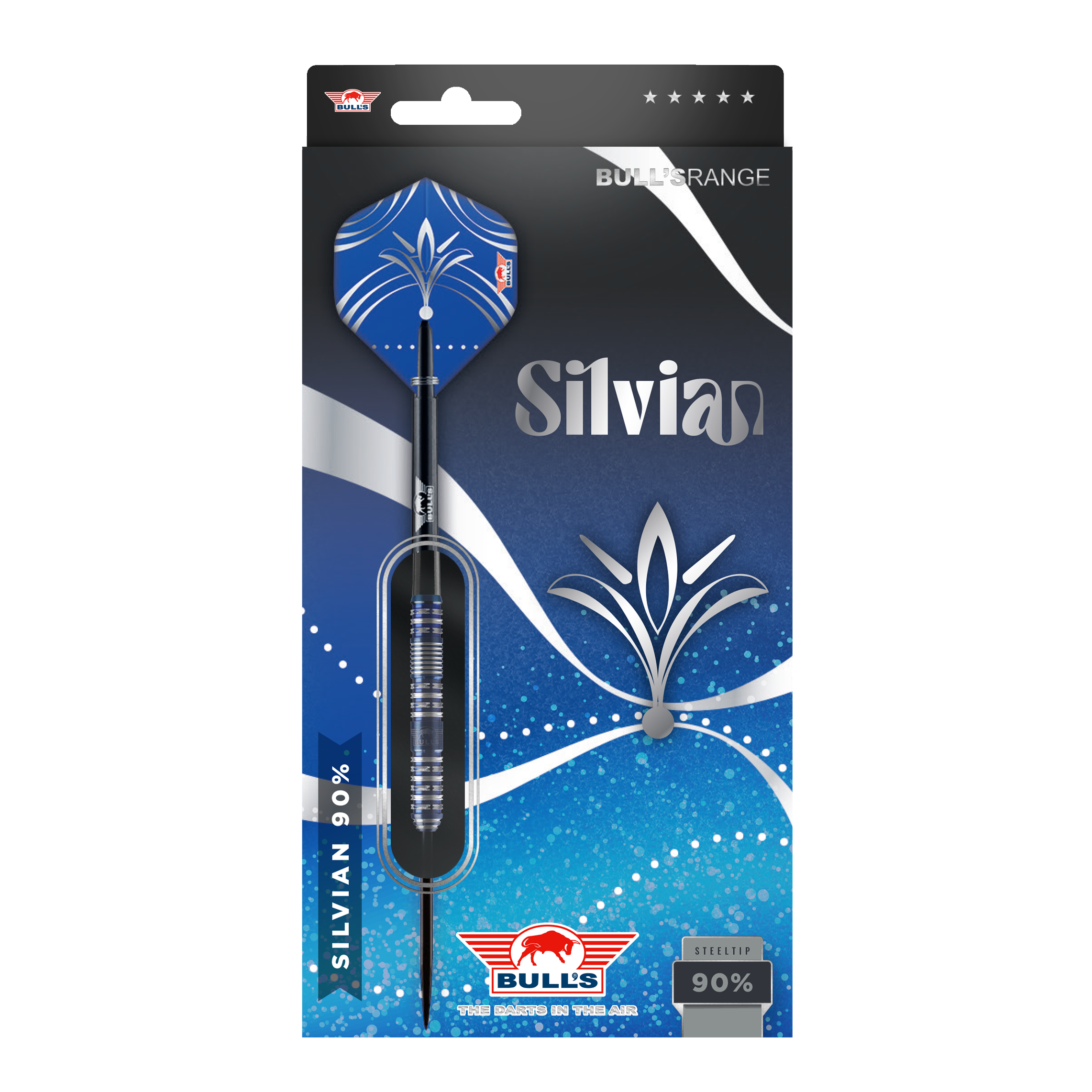 Byki NL Silvian Steeldarts Die Abbildung zeigt die Verpackung der "Bulls NL Silvian Steeldarts". Die Verpackung ist vorwiegend blau und silber gestaltet und hebt die Marke sowie den Namen "Silvian" hervor.