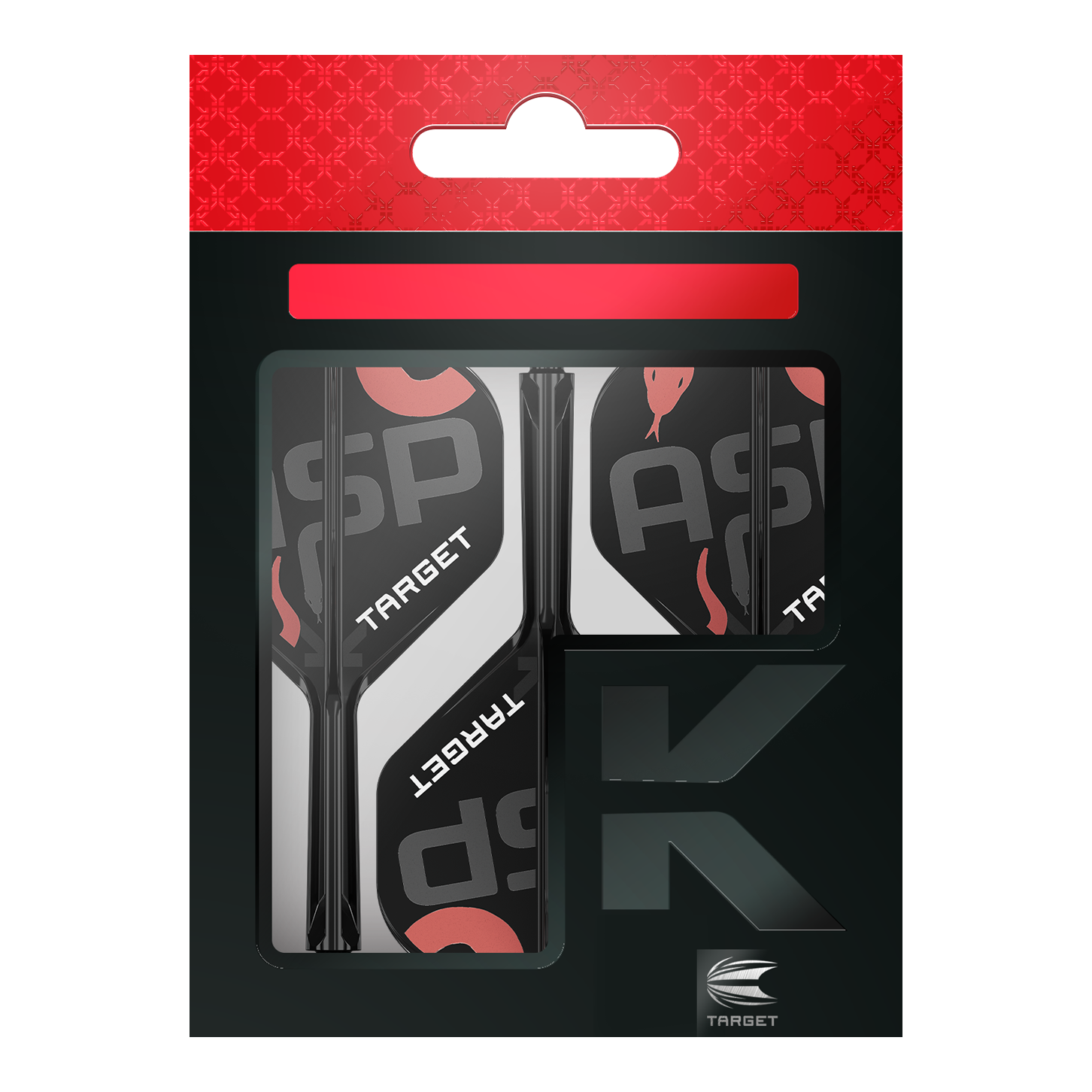 Auf dem Bild ist eine Verpackung mit Dart-Flights und Schäften der Marke Target zu sehen. Die Verpackung ist überwiegend schwarz mit roten und weißen Akzenten gestaltet.