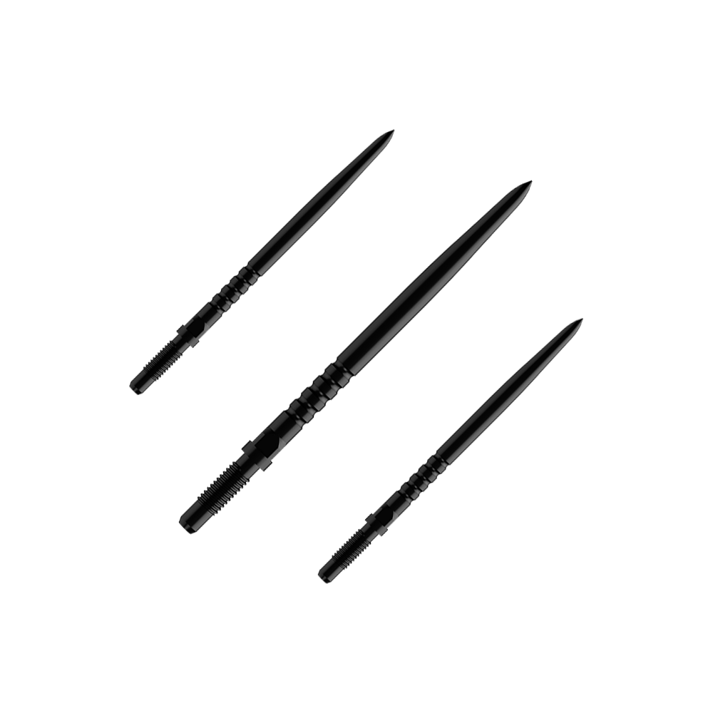 Das Bild zeigt eine Verpackung mit mehreren Dartspitzen. Es sind BullsNL Convertible Points mit Ringed Grip in Schwarz, 32mm im 1er Set abgebildet.